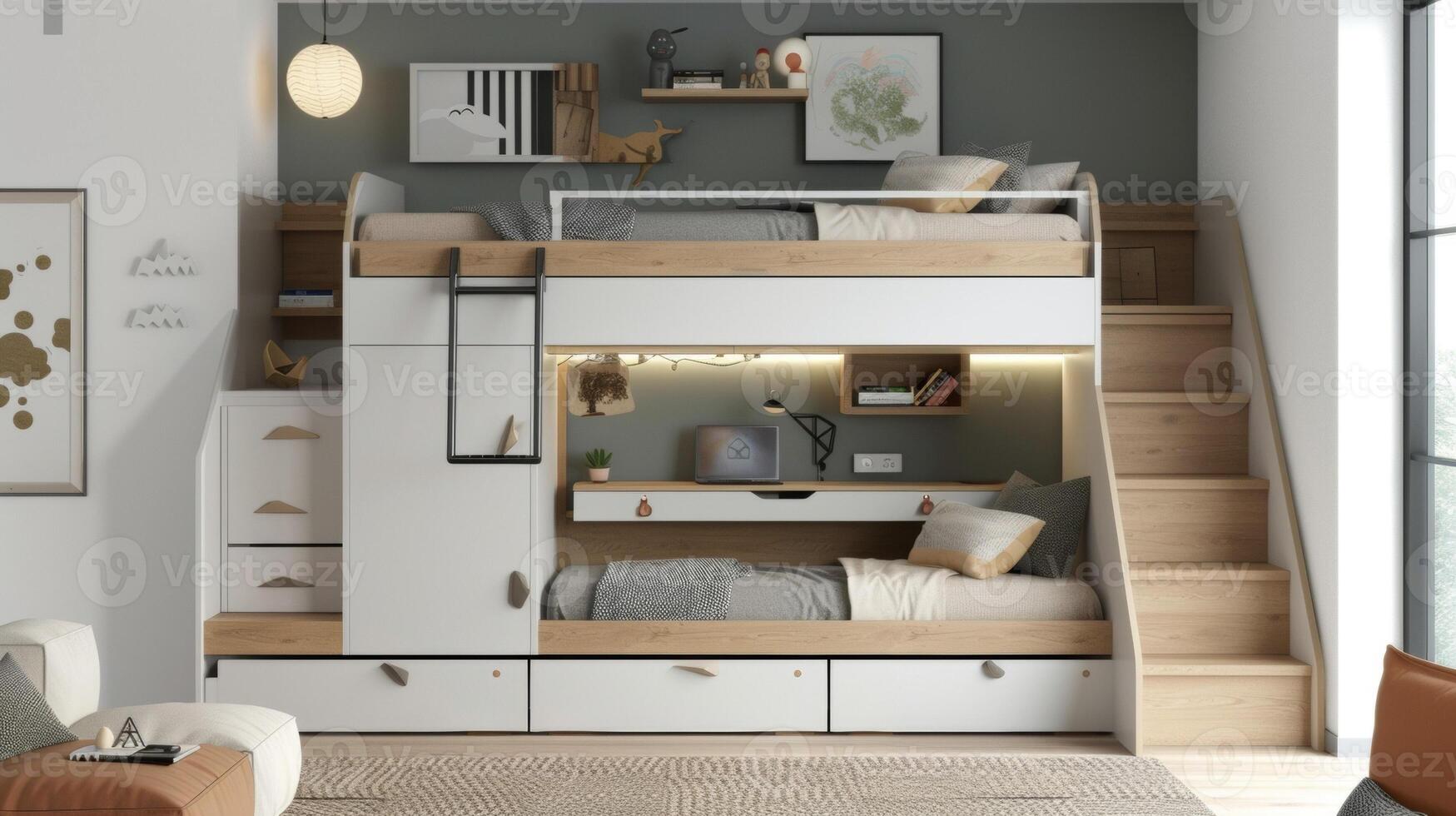 Bunk beds with builtin storage drawers and a folddown desk perfect for a shared bedroom or a compact home office photo