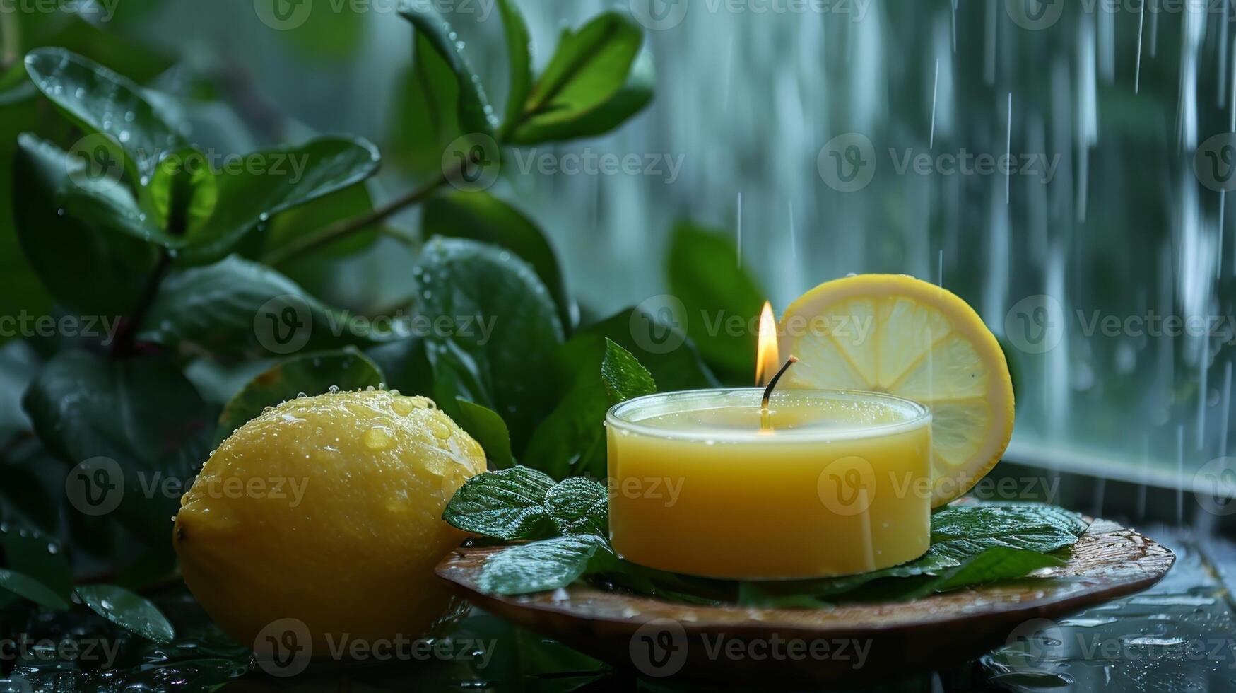 The peaceful sound of rain outside while a citrus scented candle fills the air with the refreshing scent of lemon and mint photo