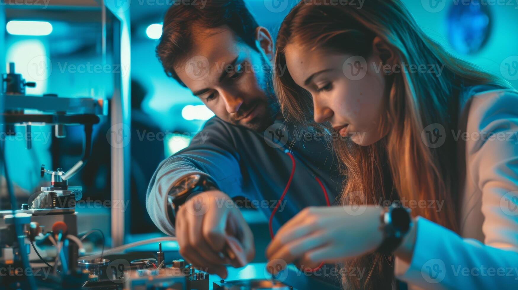 The instructor carefully guiding a students hands demonstrating the precise movements needed to assemble a watch photo