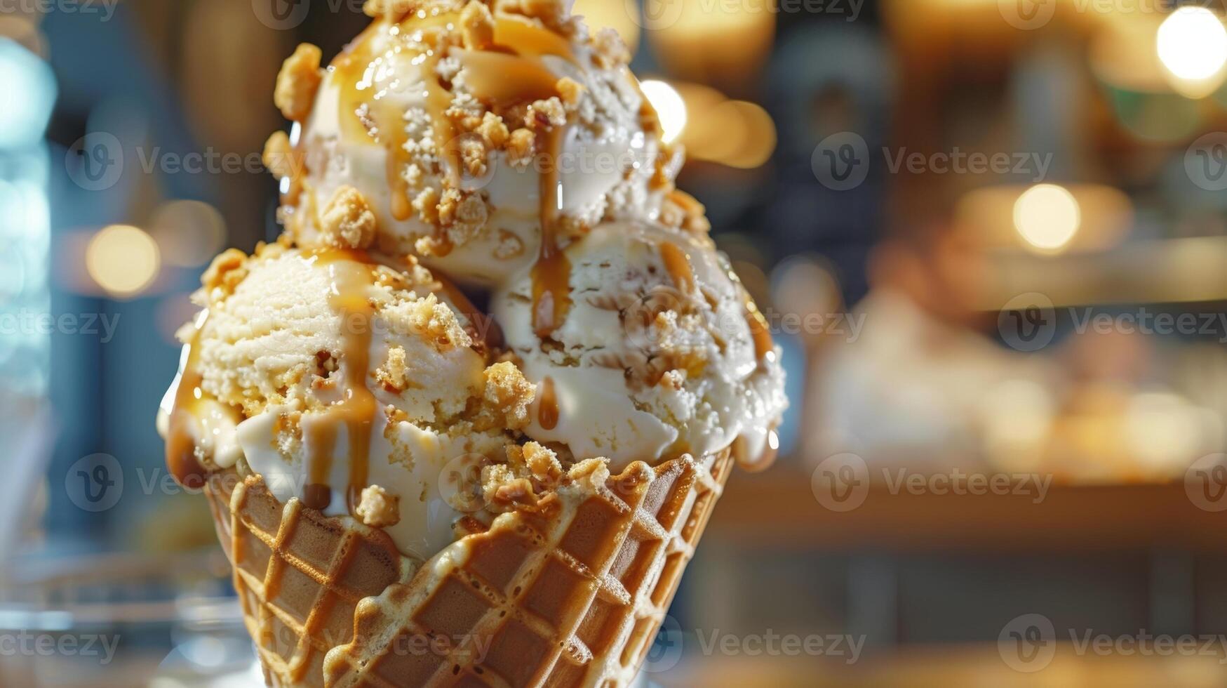 A close up of a waffle cone overflowing with scoops of artisanal ice cream drizzled with caramel sauce and sprinkled with crushed nuts photo