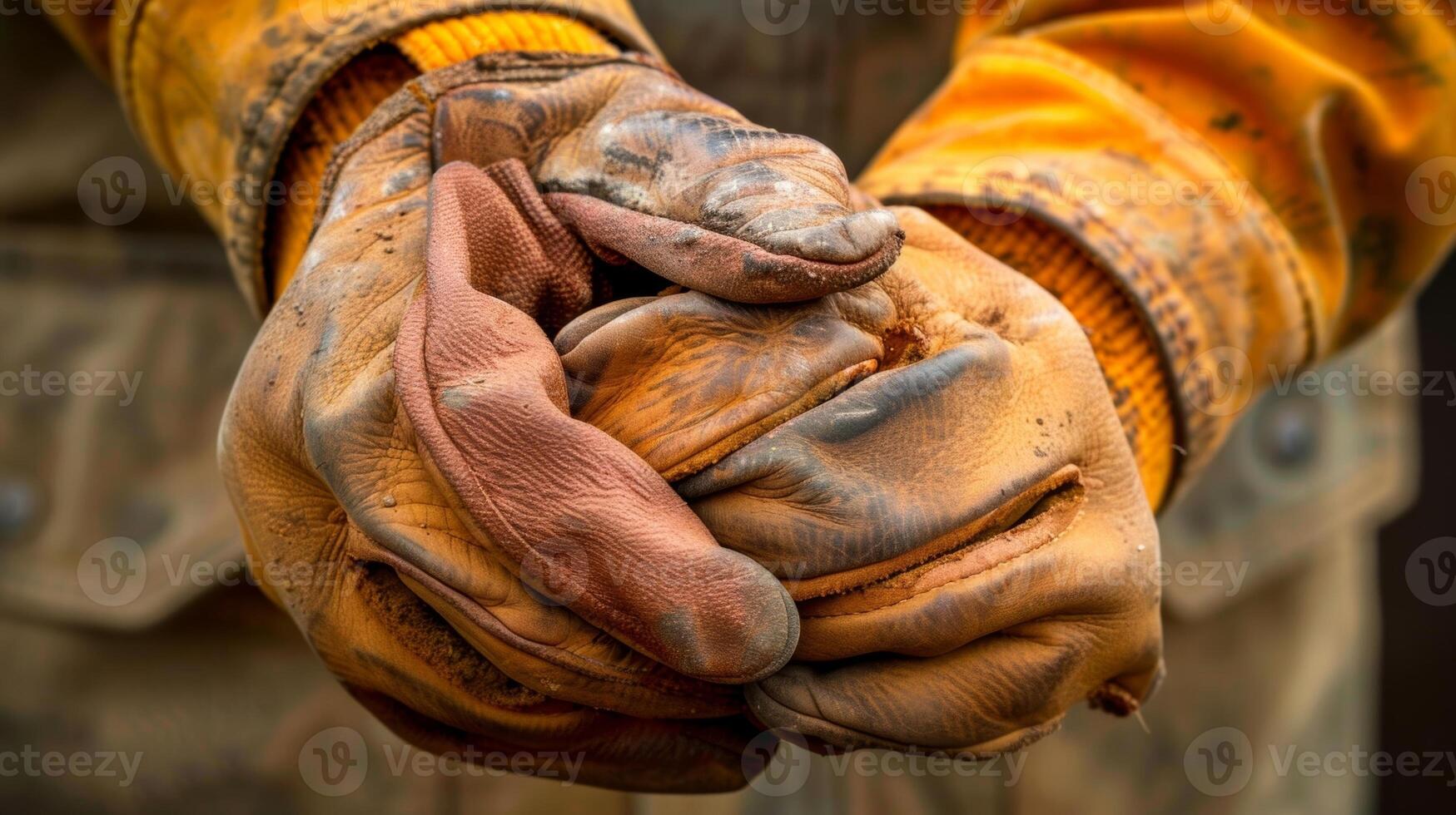 A construction workers hand firmly gripping a thick protective pair of leather work gloves photo