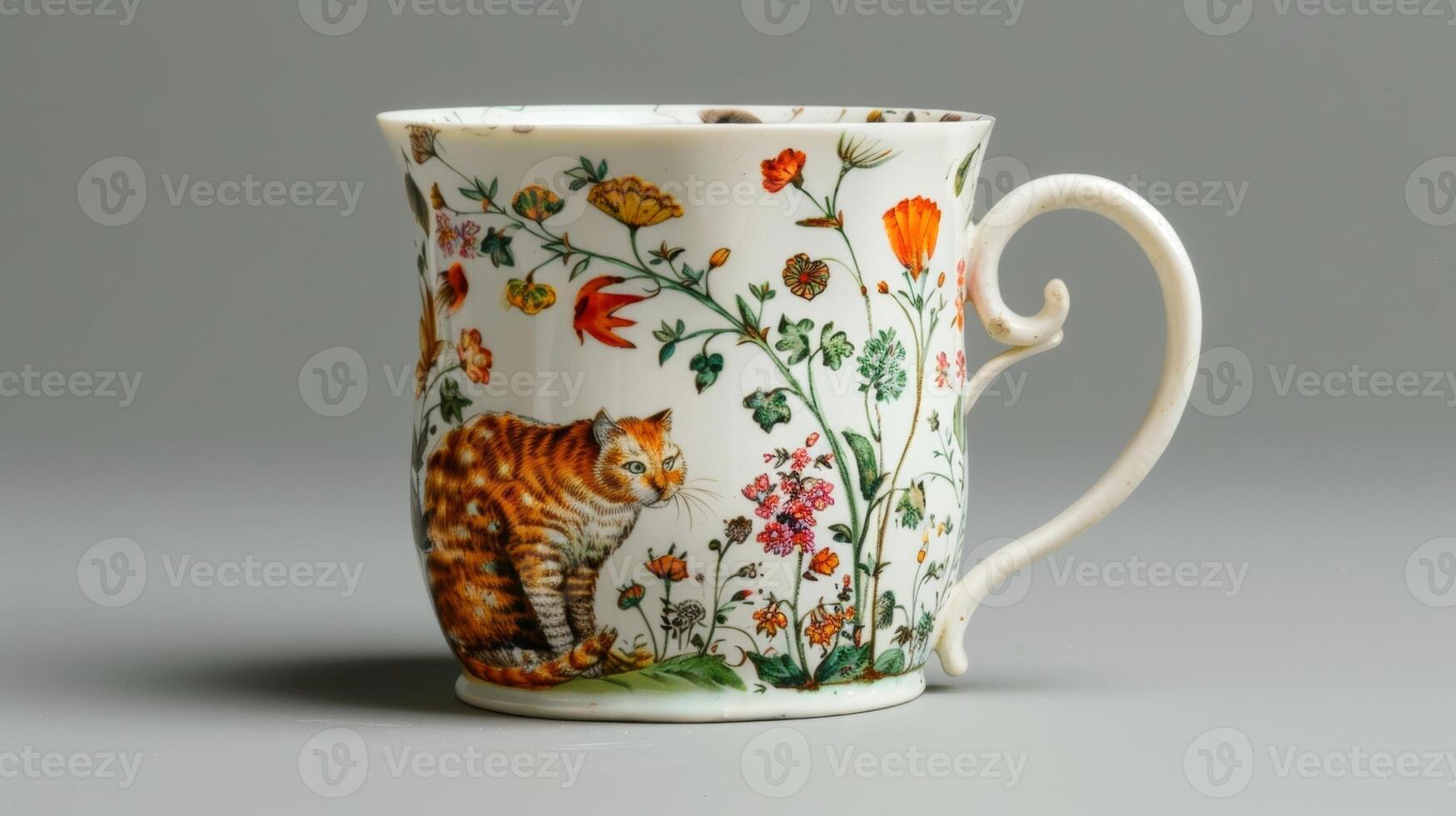 A mug decorated with a playful underglaze illustration of a cat hiding ast a field of flowers. photo
