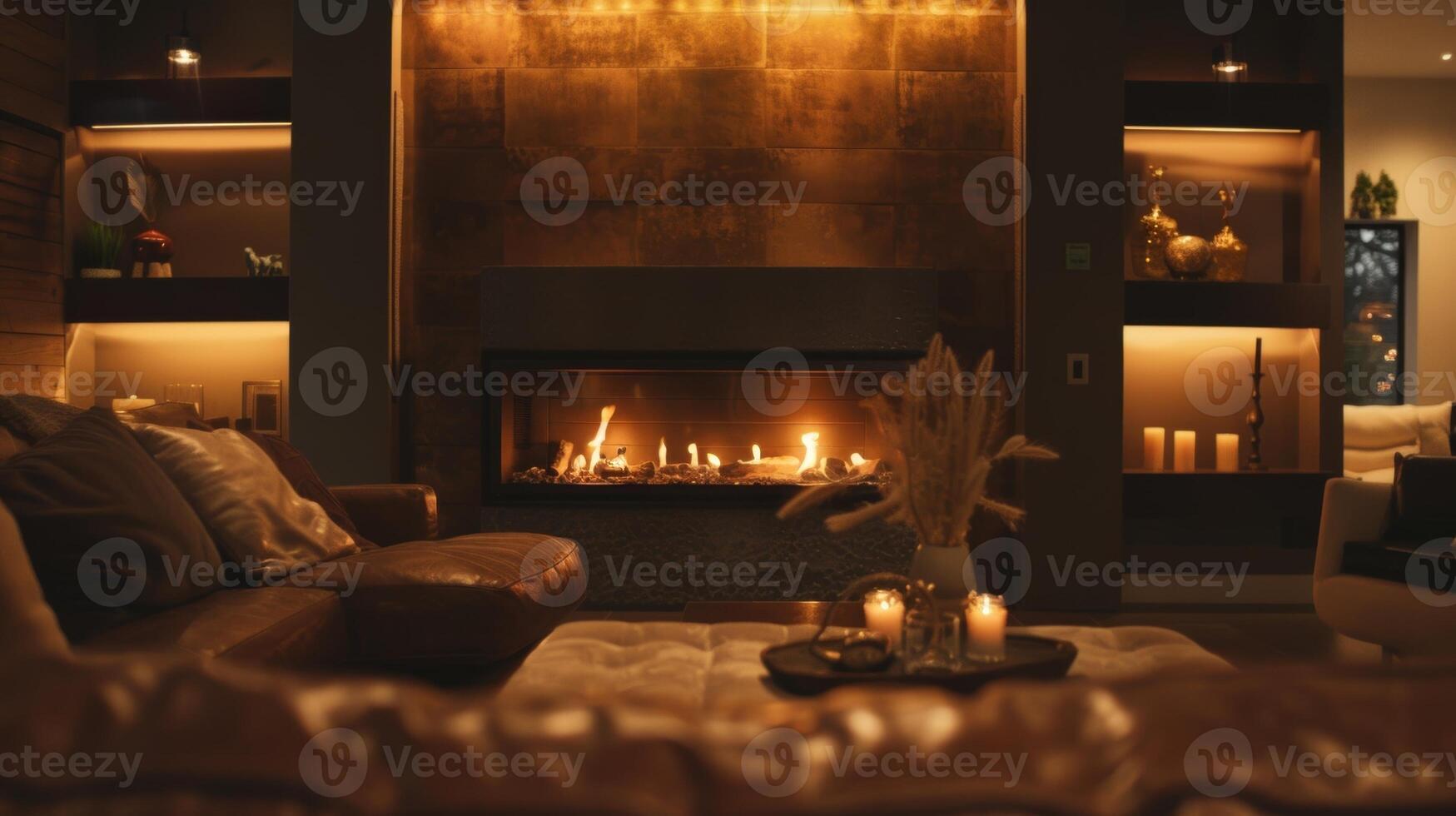 Soft ambient lighting illuminates the fireplace creating a serene and relaxing ambiance. 2d flat cartoon photo