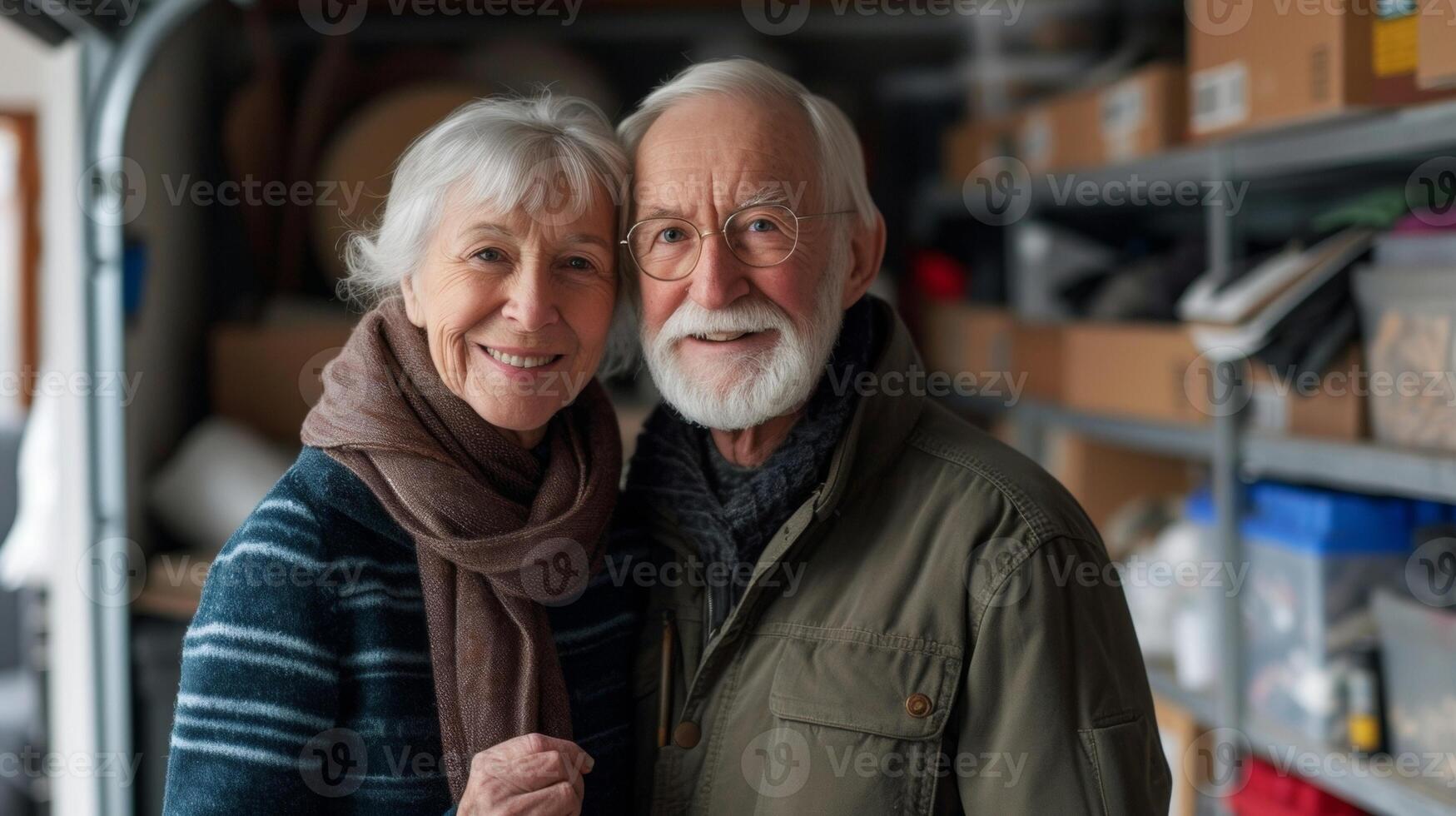 A senior couple standing in their now empty garage holding hands and looking at a row of neatly packed donation boxes ready to be picked up by a local charity. They smil photo