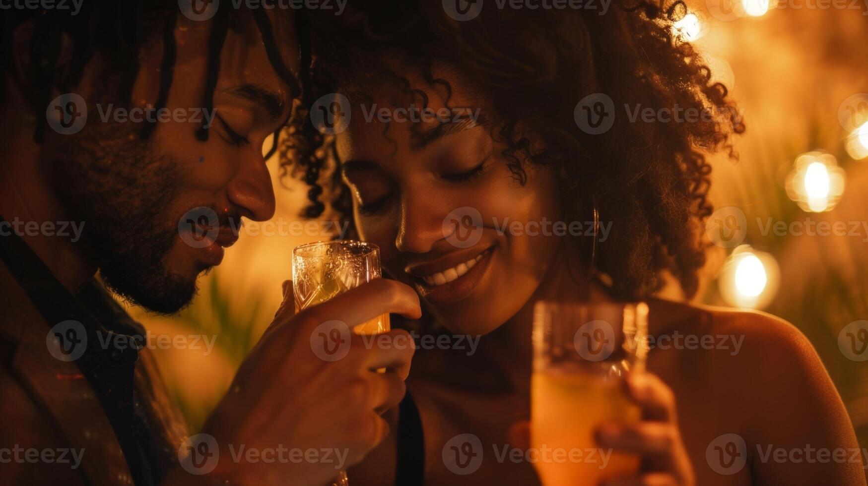 A couple slow dancing while sipping on sparkling g juice showing that you can still have a romantic night without alcohol photo