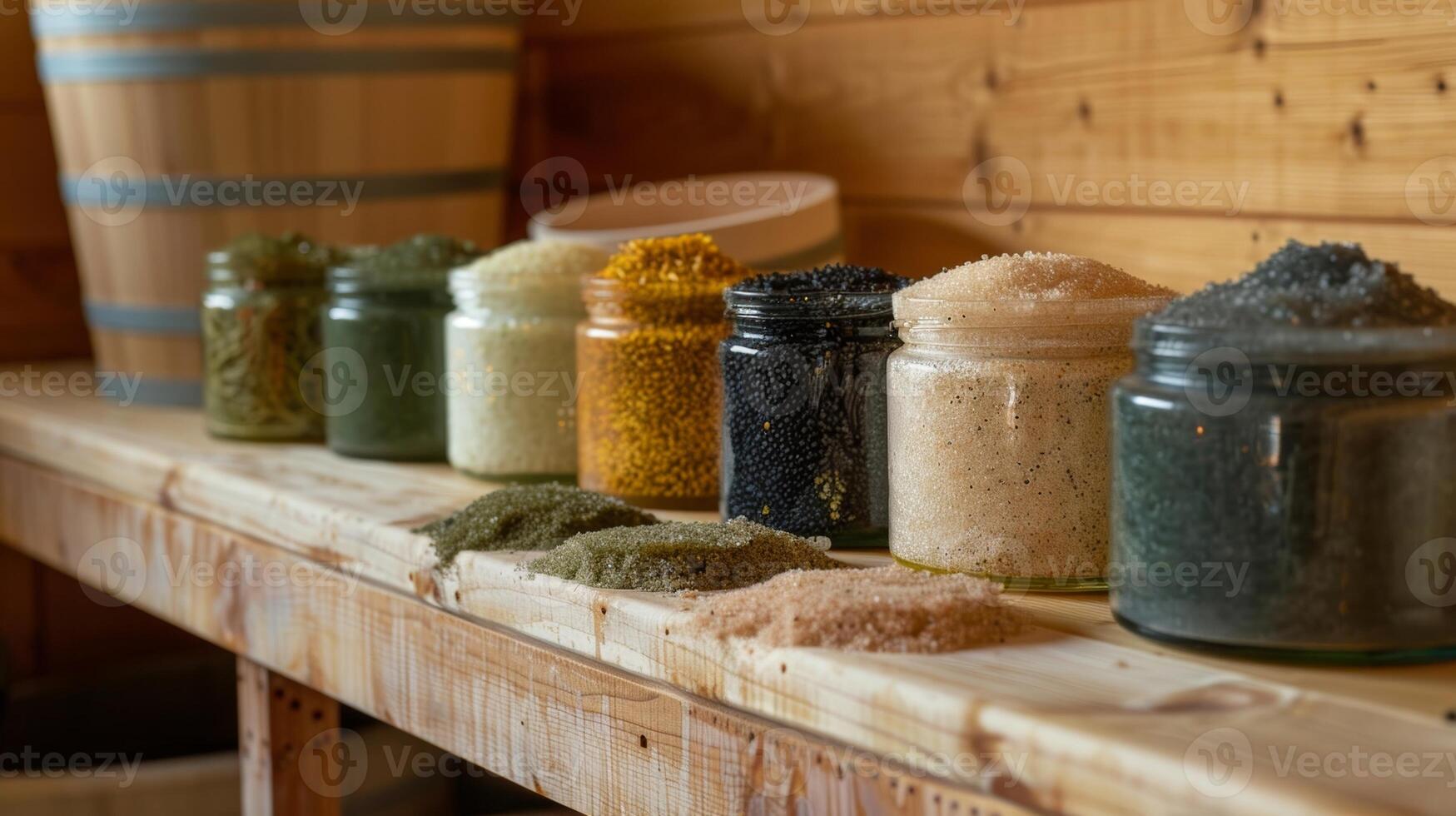 An array of natural body scrubs made with ingredients like seaweed and coconut oil sit on a table next to a sauna. photo