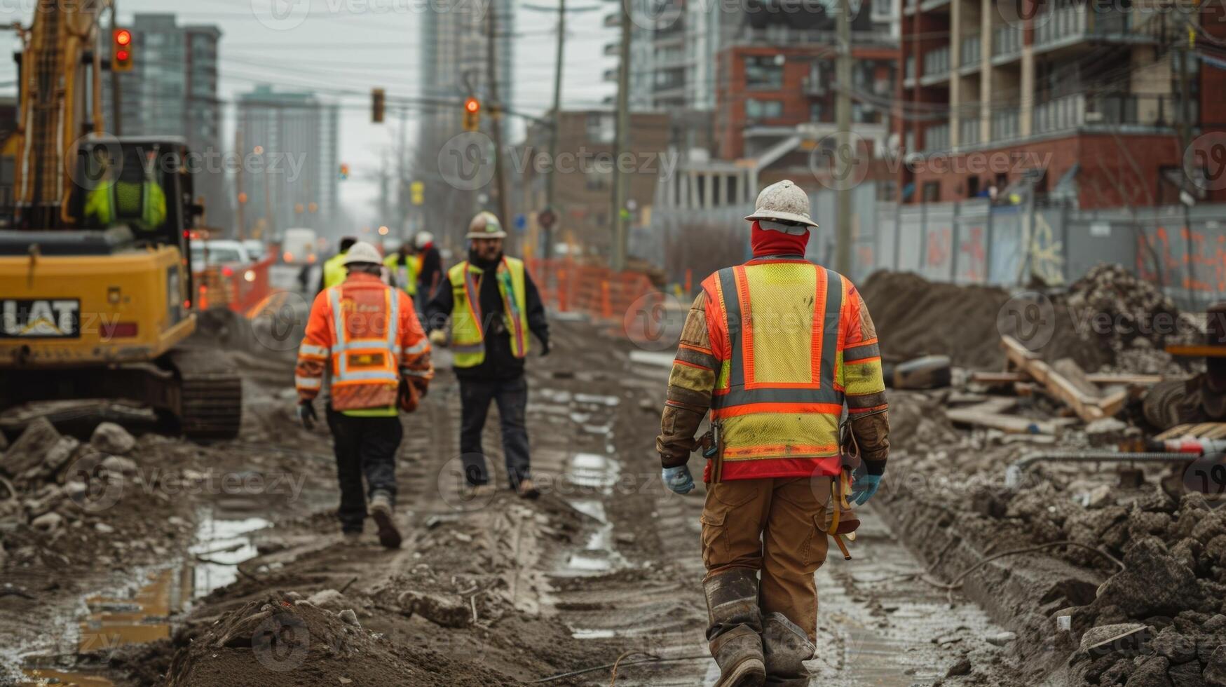 In the background workers are being reminded to wear their personal protective equipment while the safety officer walks through the site making sure everyone is in compliance photo