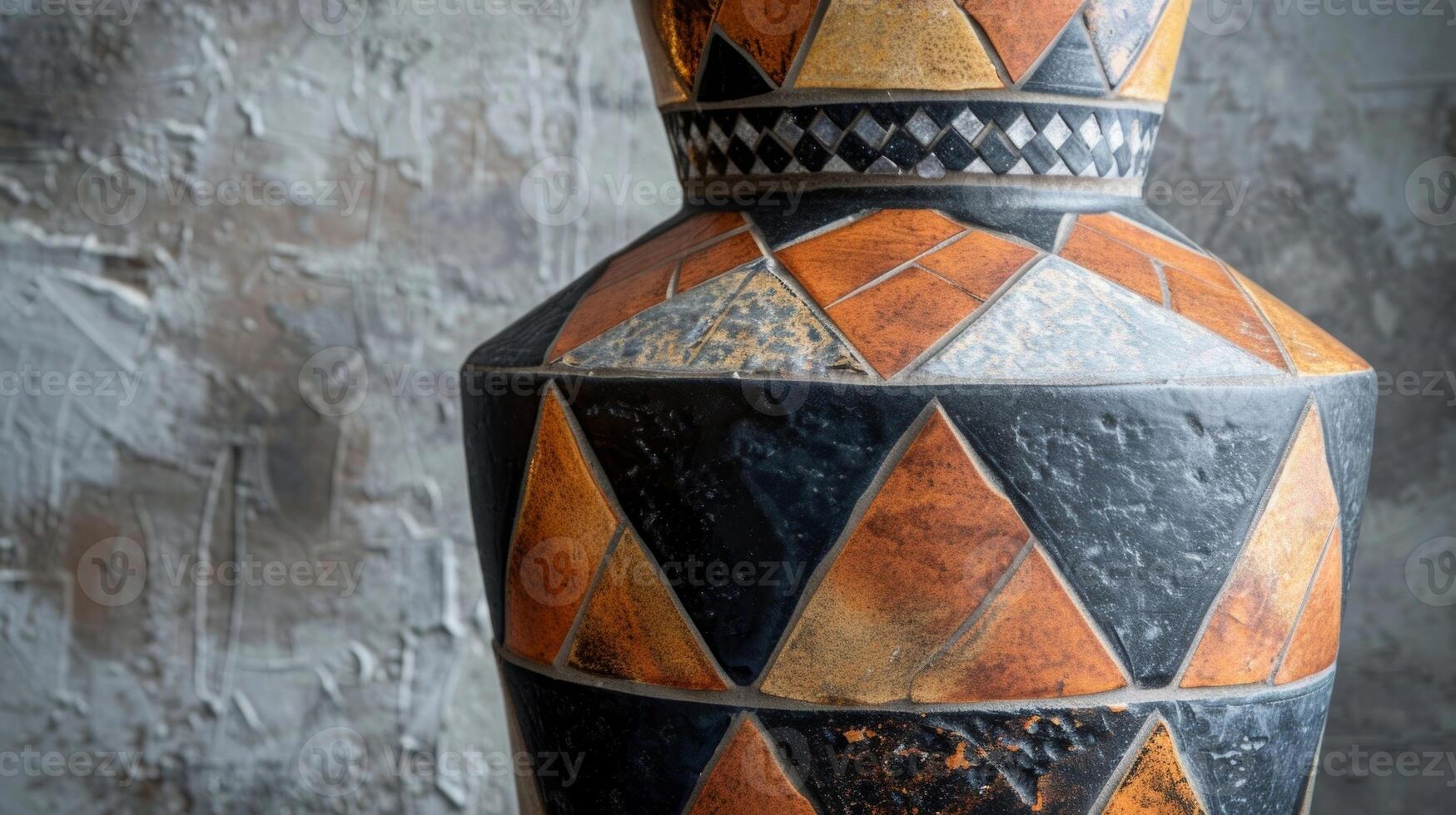 A mosaic mosaic vase with large ceramic tiles in warm tones forming a geometric pattern around the base. photo