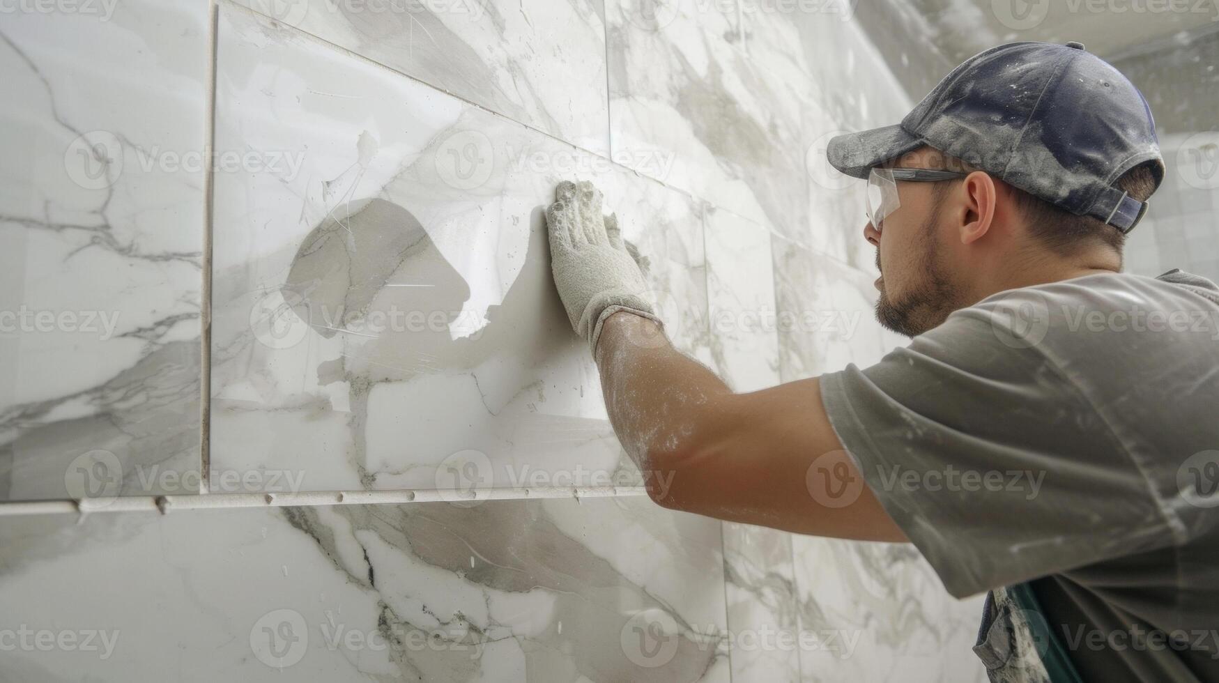 A team of tilers expertly installing large marble tiles on a bathroom wall giving the space a luxurious and elegant feel photo