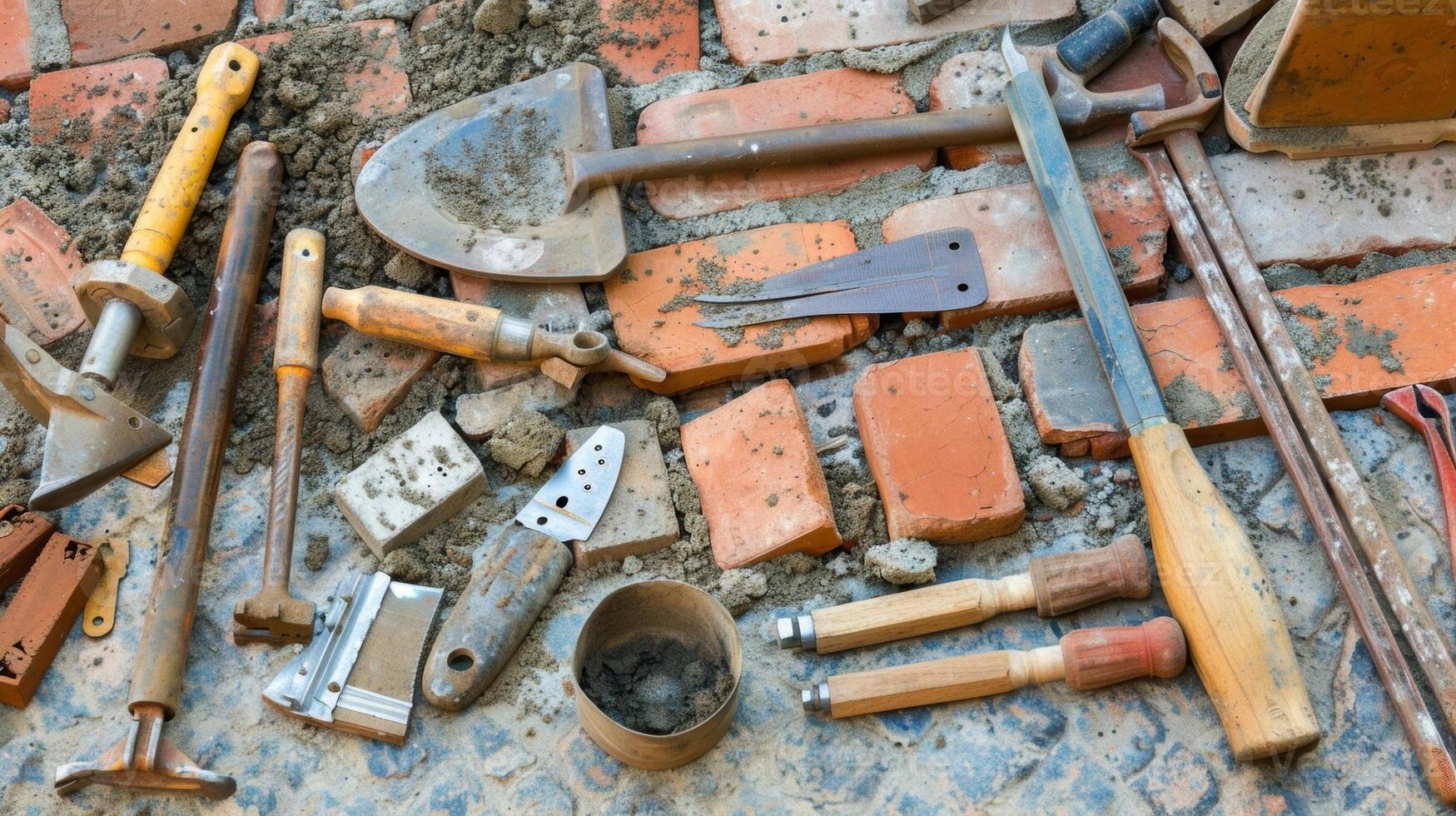 An array of tools laid out ready for use as the masons continue their bricklaying photo