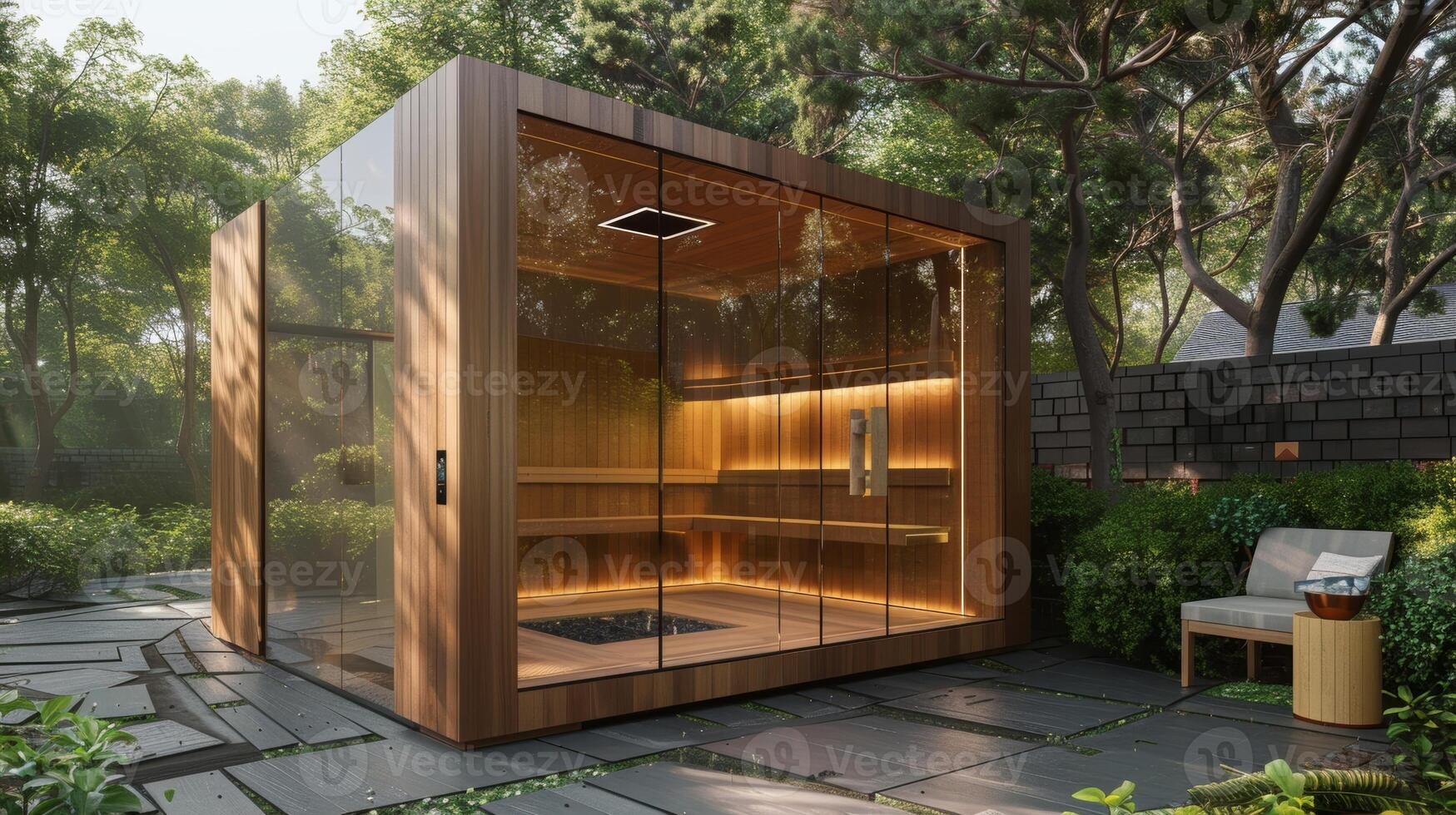 un Respetuoso del medio ambiente sauna motorizado por solar paneles y sostenible materiales exhibiendo el compromiso a holístico salud y ambiental responsabilidad. foto
