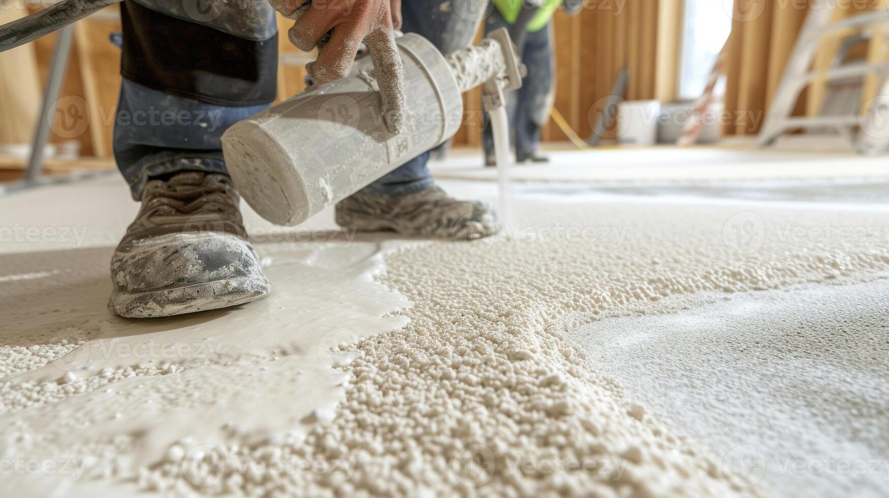 A shot of a contractor pouring adhesive onto a concrete subfloor getting ready to install plush new carpeting photo