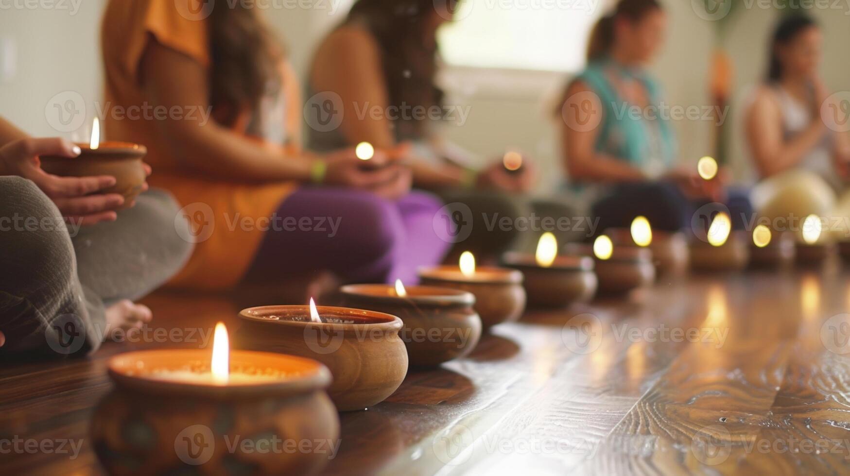 el aroma de esencial aceites relleno el aire como Participantes empezar un guiado meditación sesión foto