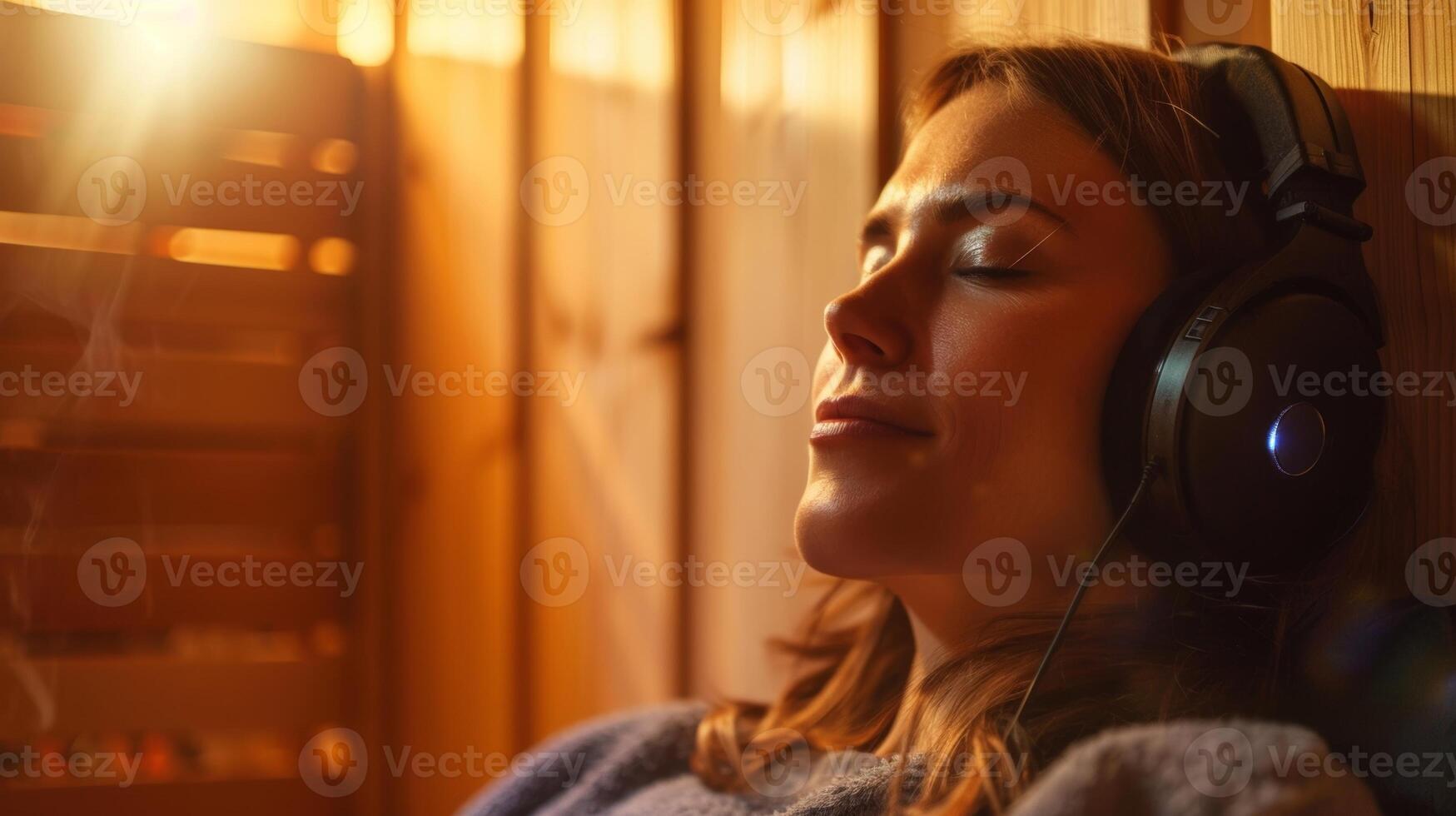 un mujer sentado en el sauna escuchando a un guiado visualización ejercicio mediante cancelación de ruido auriculares a profundizar el relajación. foto