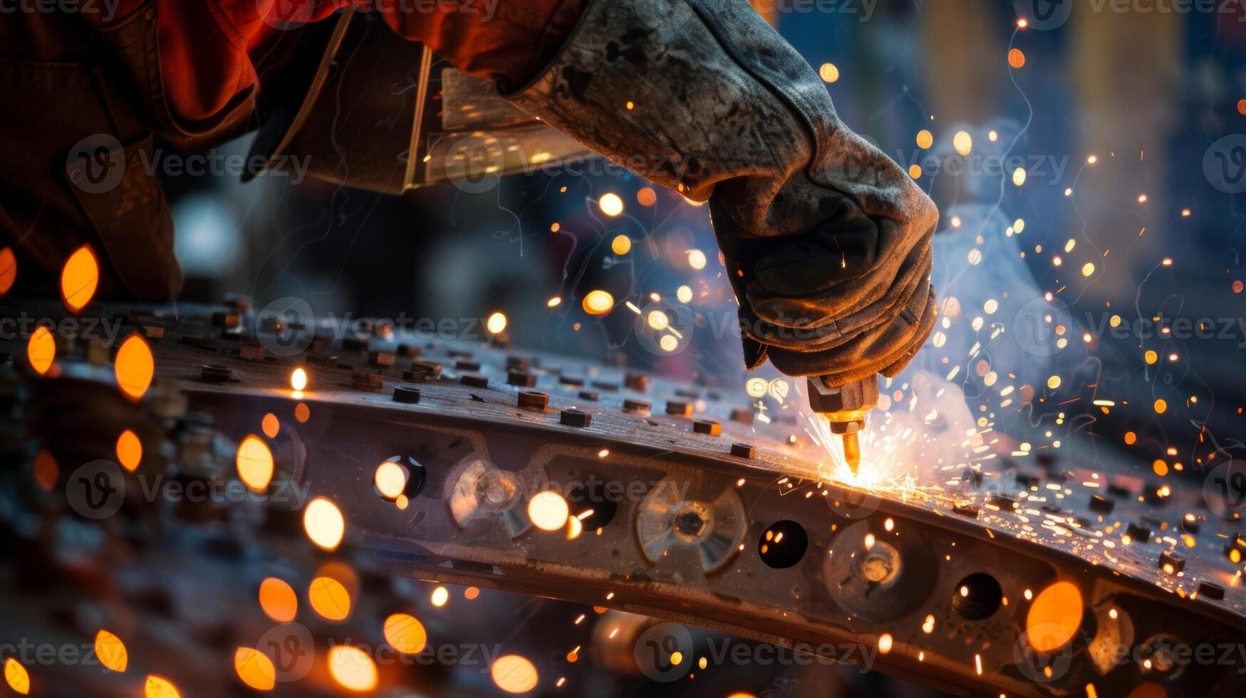 un de cerca de un trabajador empuñando un soldadura antorcha como ellos unirse metal piezas de el turbinas apoyo estructura foto