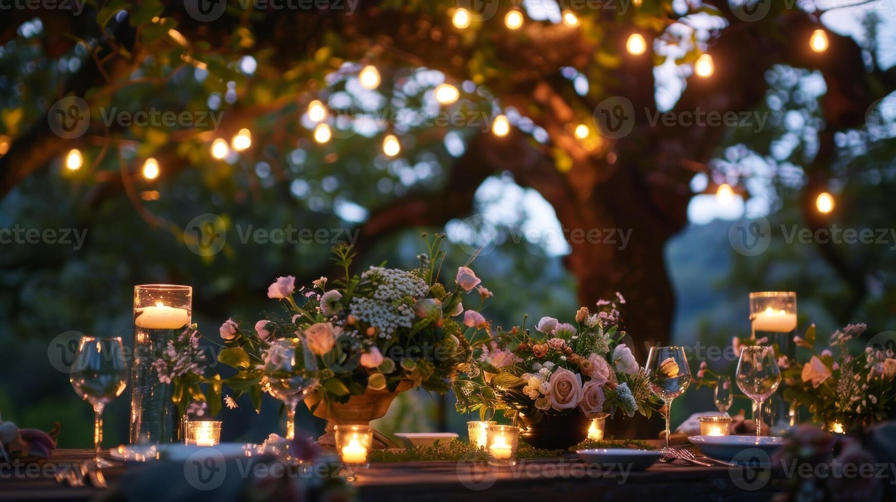 el al aire libre ajuste y alumbrado por velas atmósfera crear el Perfecto fondo para un romántico noche de floral arreglo y creatividad. 2d plano dibujos animados foto