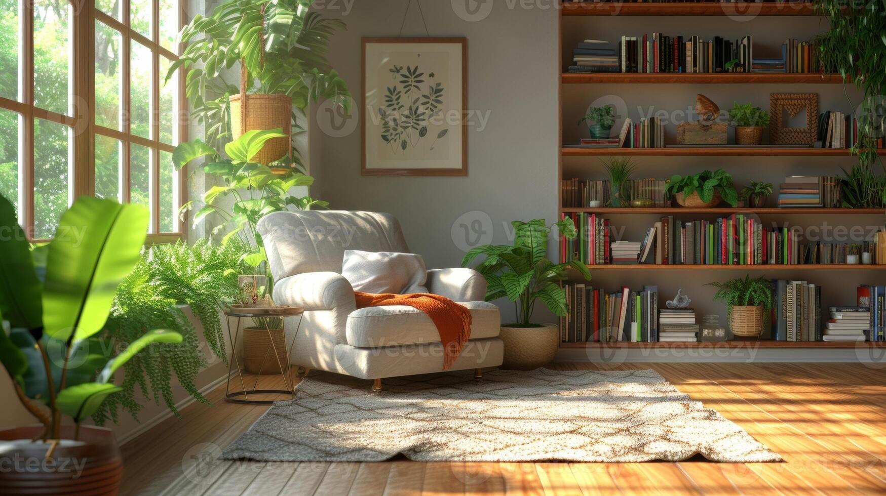 un sereno Jubilación esquina jactancia un simplificado vivo espacio con un atractivo Sillón un pequeño biblioteca de querido lee y un vibrante en conserva planta para un toque de naturaleza foto