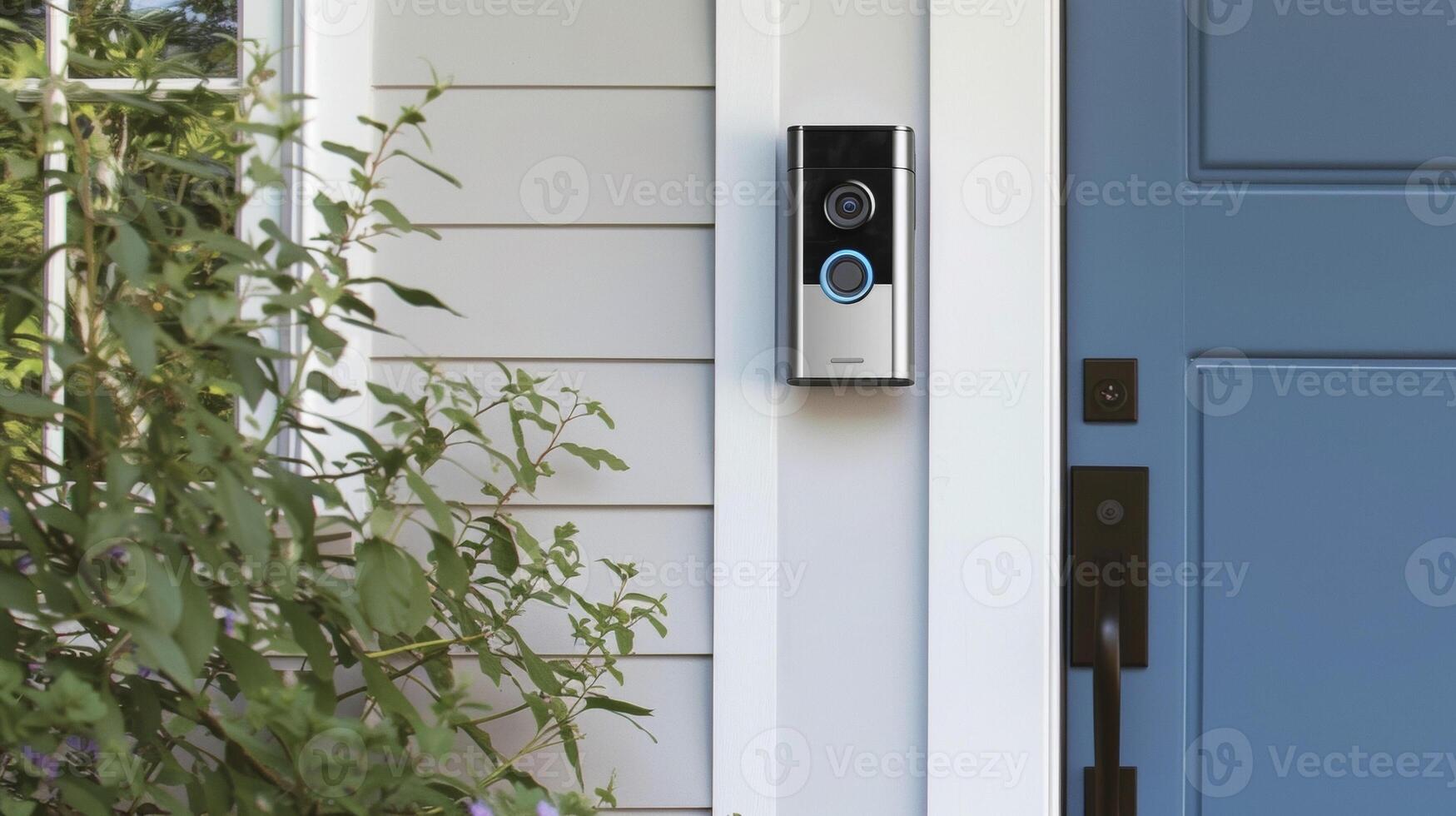 A photo of a smart doorbell with a builtin camera installed by a security system expert. The homeowners can now see who is at the door from their phone and even communicat