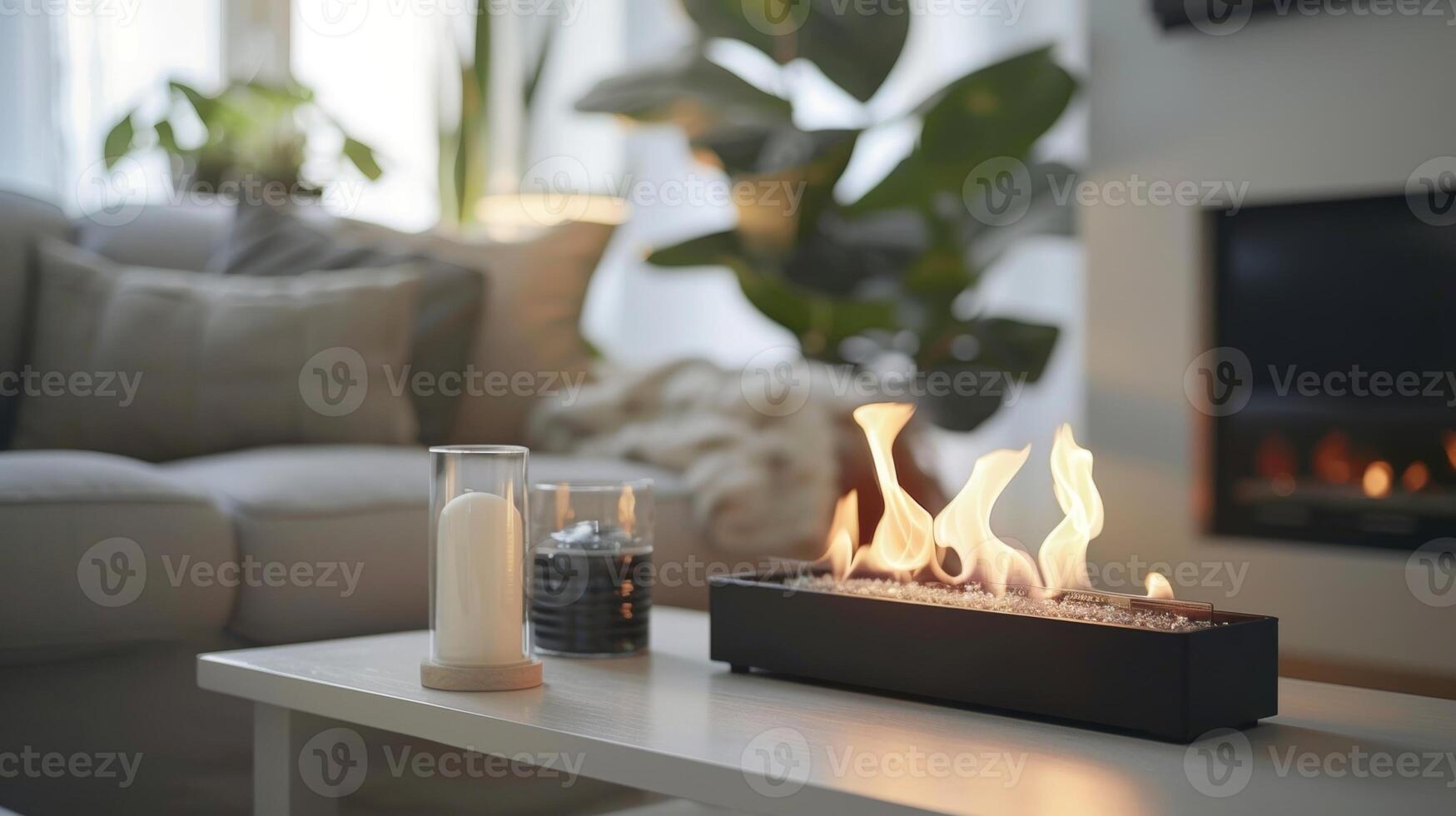 The simple yet striking design of the bioethanol fireplace adds a touch of warmth and style to this bright and airy Scandinavianinspired living room. 2d flat cartoon photo