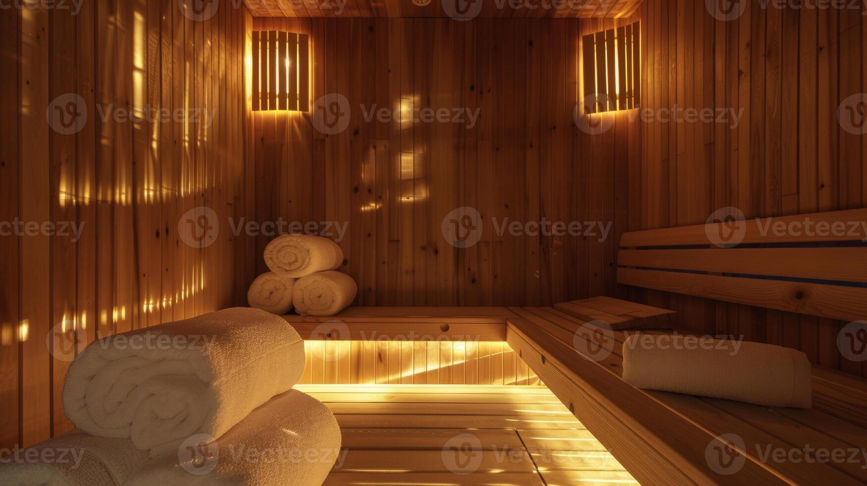 A cozy woodpaneled sauna room with soft lighting and towels neatly folded on a bench. photo