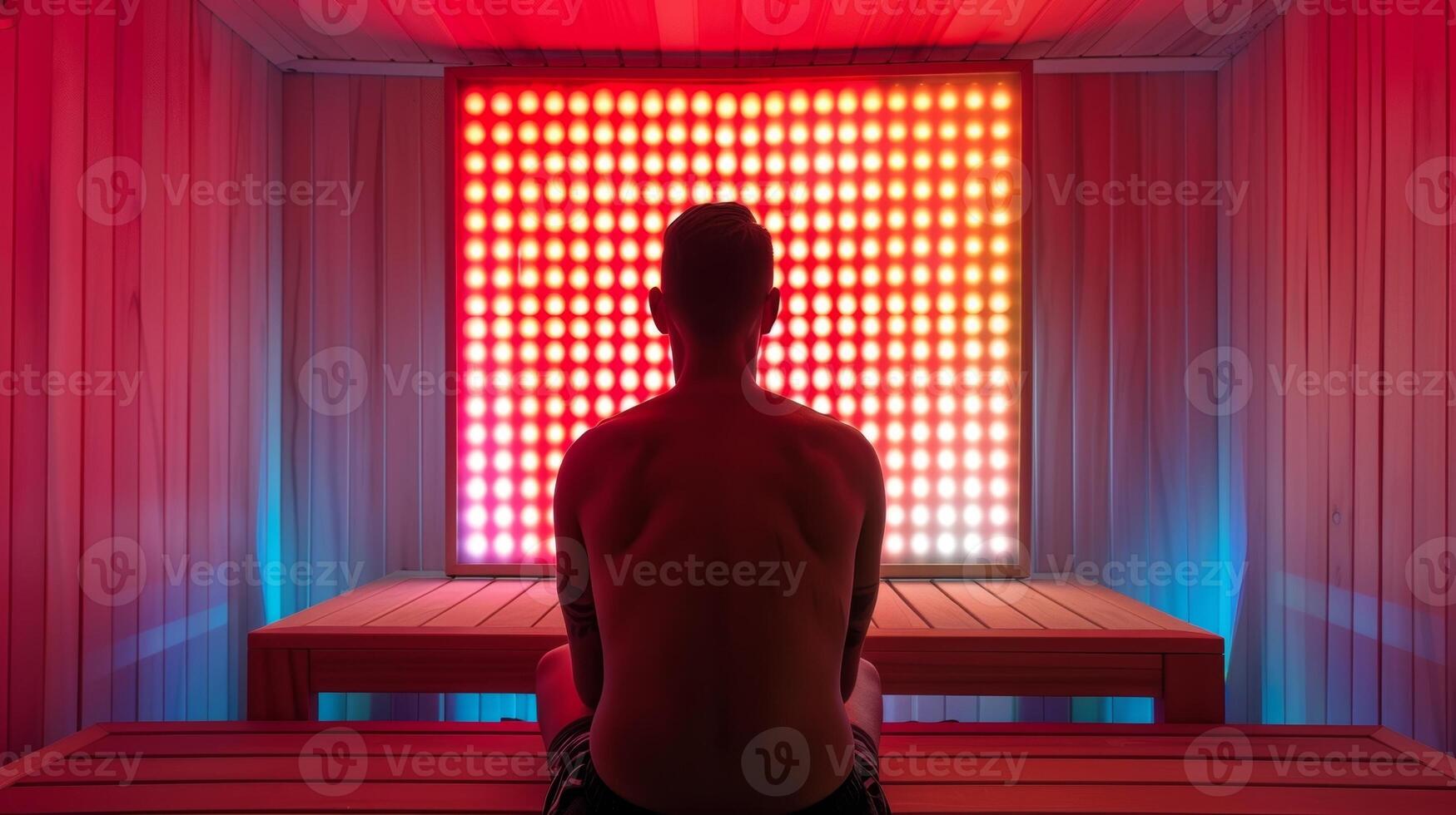 A person sitting in an infrared sauna with a red light therapy panel behind them to increase the theutic effects and provide additional relief for SAD symptoms. photo