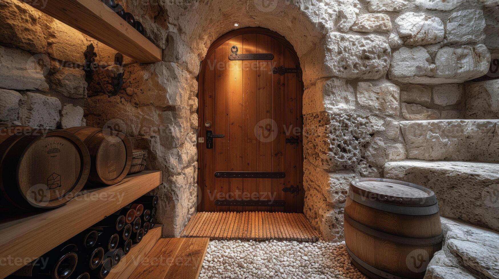 A secret cellar door is shown being od to reveal a wine storage room cleverly hidden within the bat of the home photo