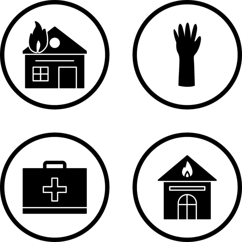 casa en fuego y guantes icono vector