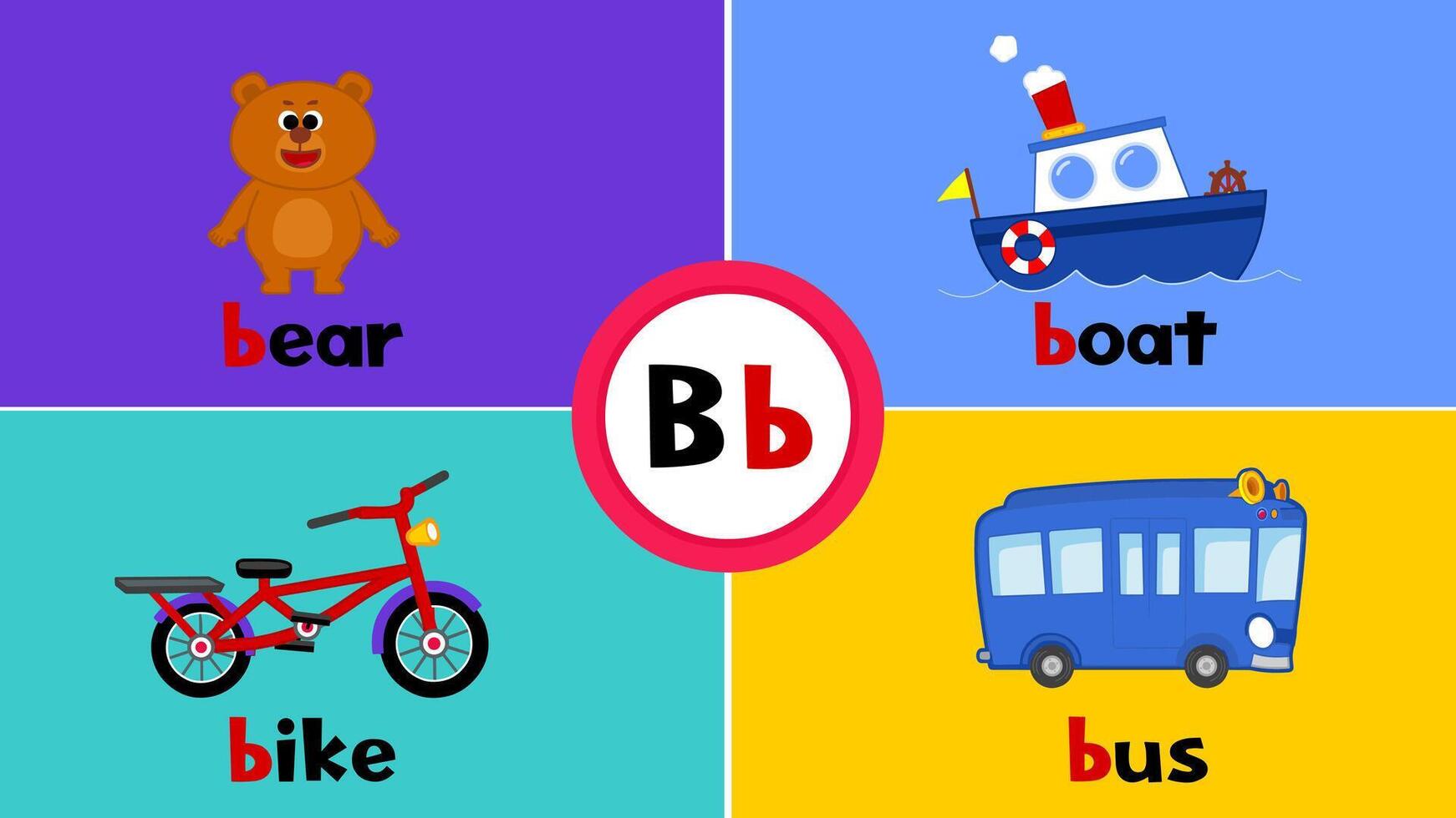 letra si b, oso, bicicleta, autobús, bote, tarjeta de memoria flash, alfabeto, niños, aprendiendo, enseñando, vocabulario vector