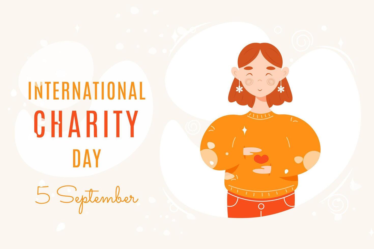 International Charity Day banner with smiling young girl holding heart in her hands. Flat cartoon character. Concept of charity. Perfect for horizontal banner, poster, website and so on vector