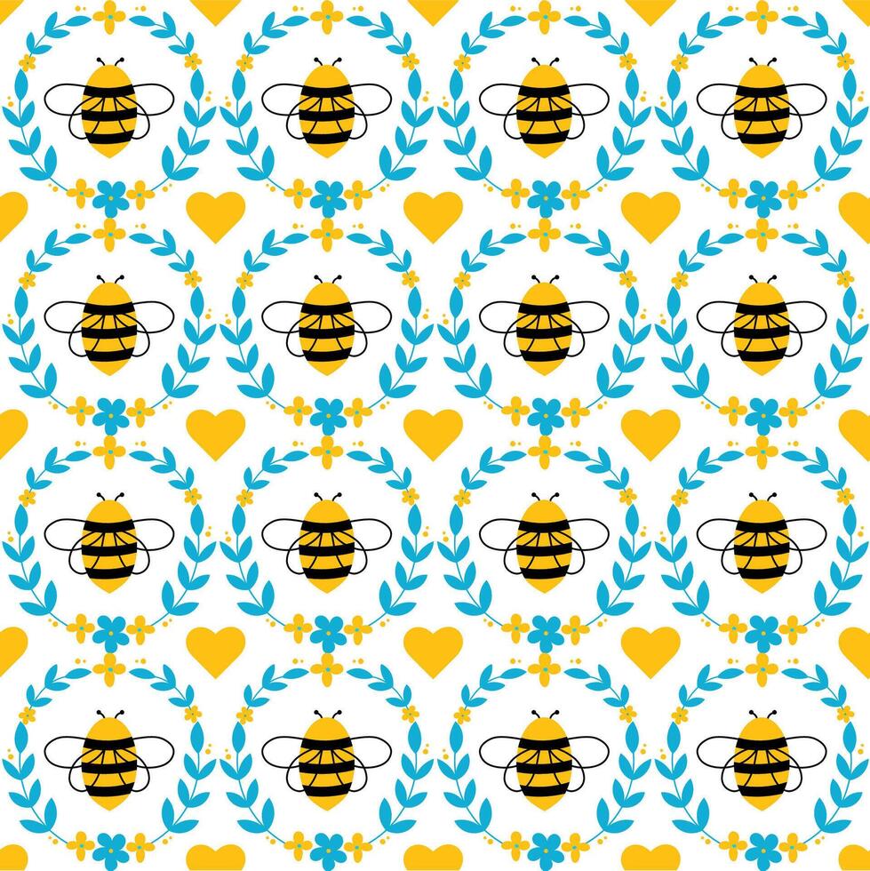 Cute bright seamless pattern bees, flowers and hearts. Flat hand drawn design illustration colorful and happy vector