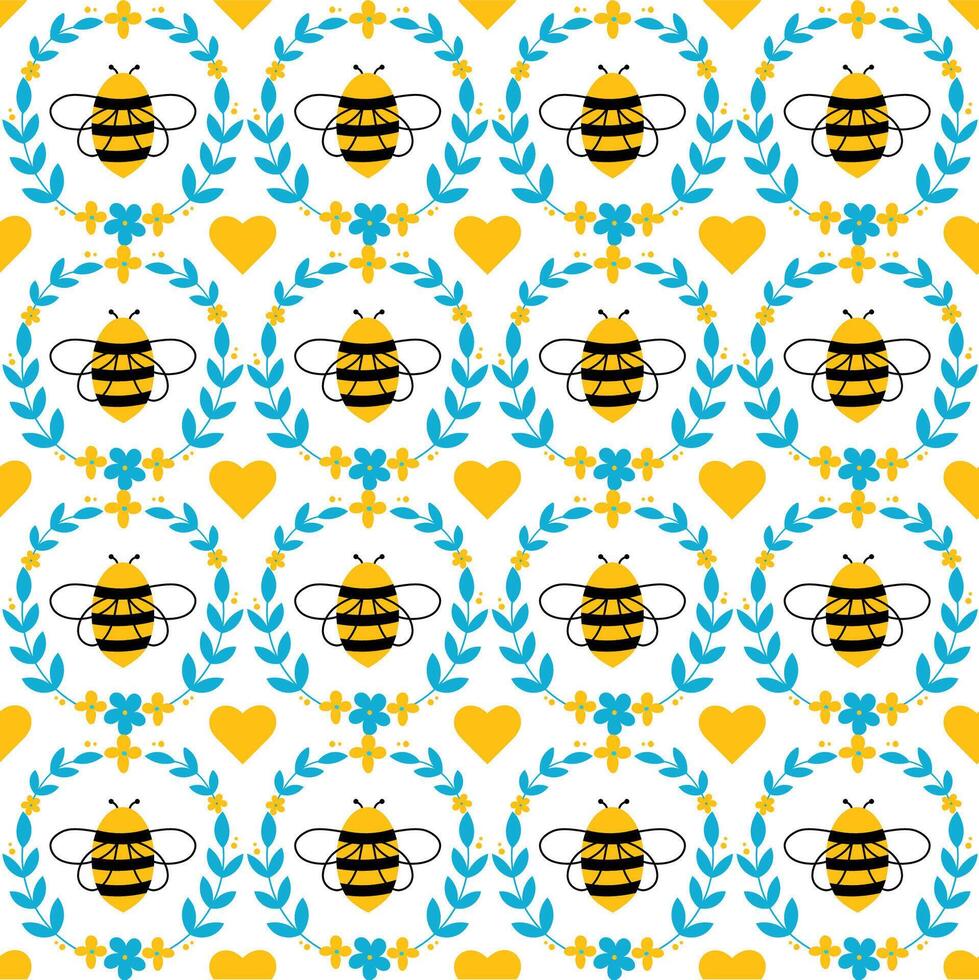 linda brillante sin costura modelo abejas, flores y corazones. plano mano dibujado diseño ilustración vistoso y contento vector