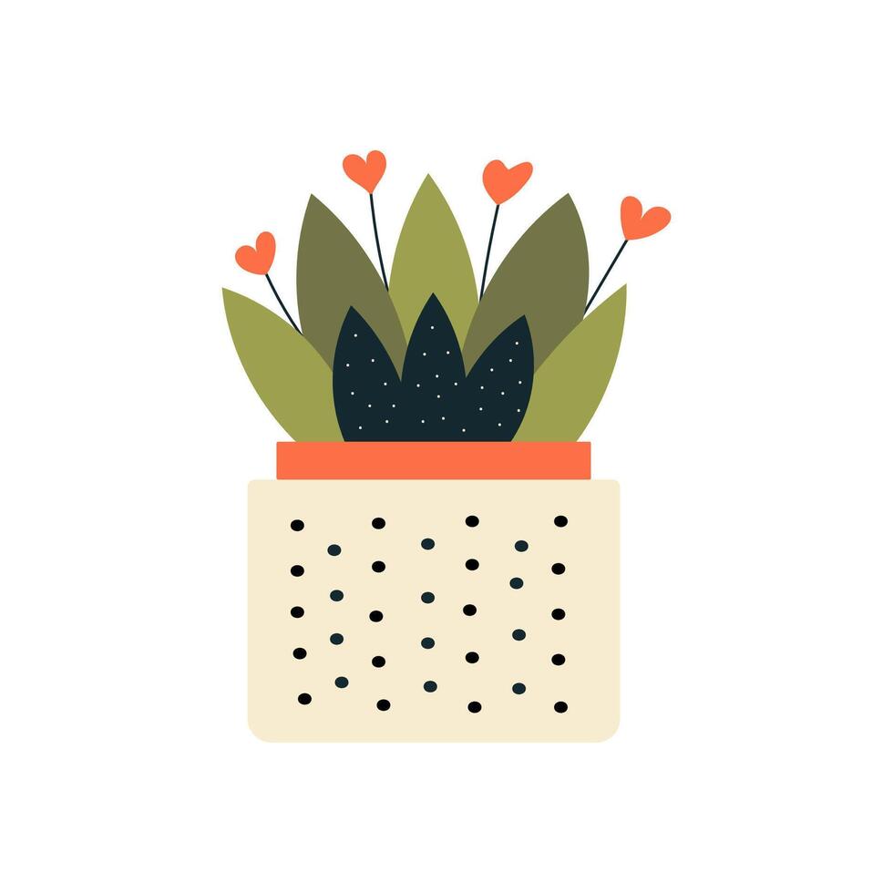A cute flat illustration of a plant in pot with hearts, simple shapes and lines, clipart isolated on white background vector