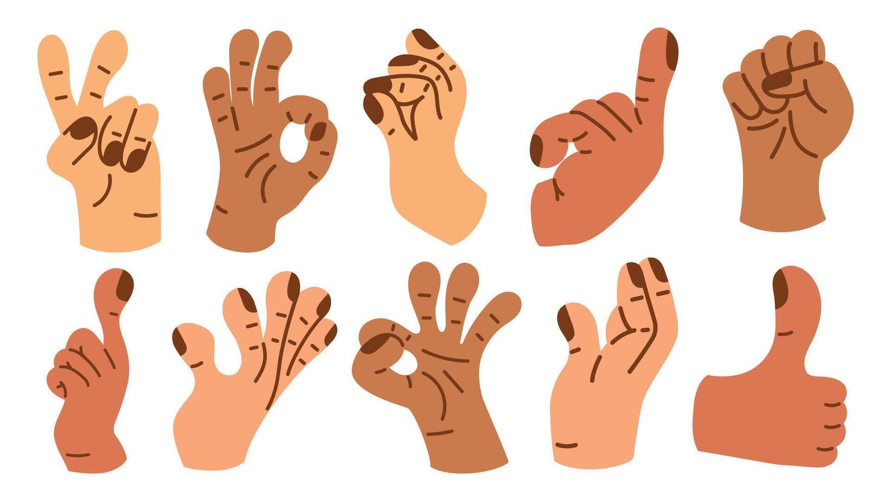 colección de gesto señales desde humano manos. un conjunto de dedos demostración emociones y direcciones. gesto dedo en plano diseño. comunicación expresiones con mano firmar en de moda estilo. icono vector