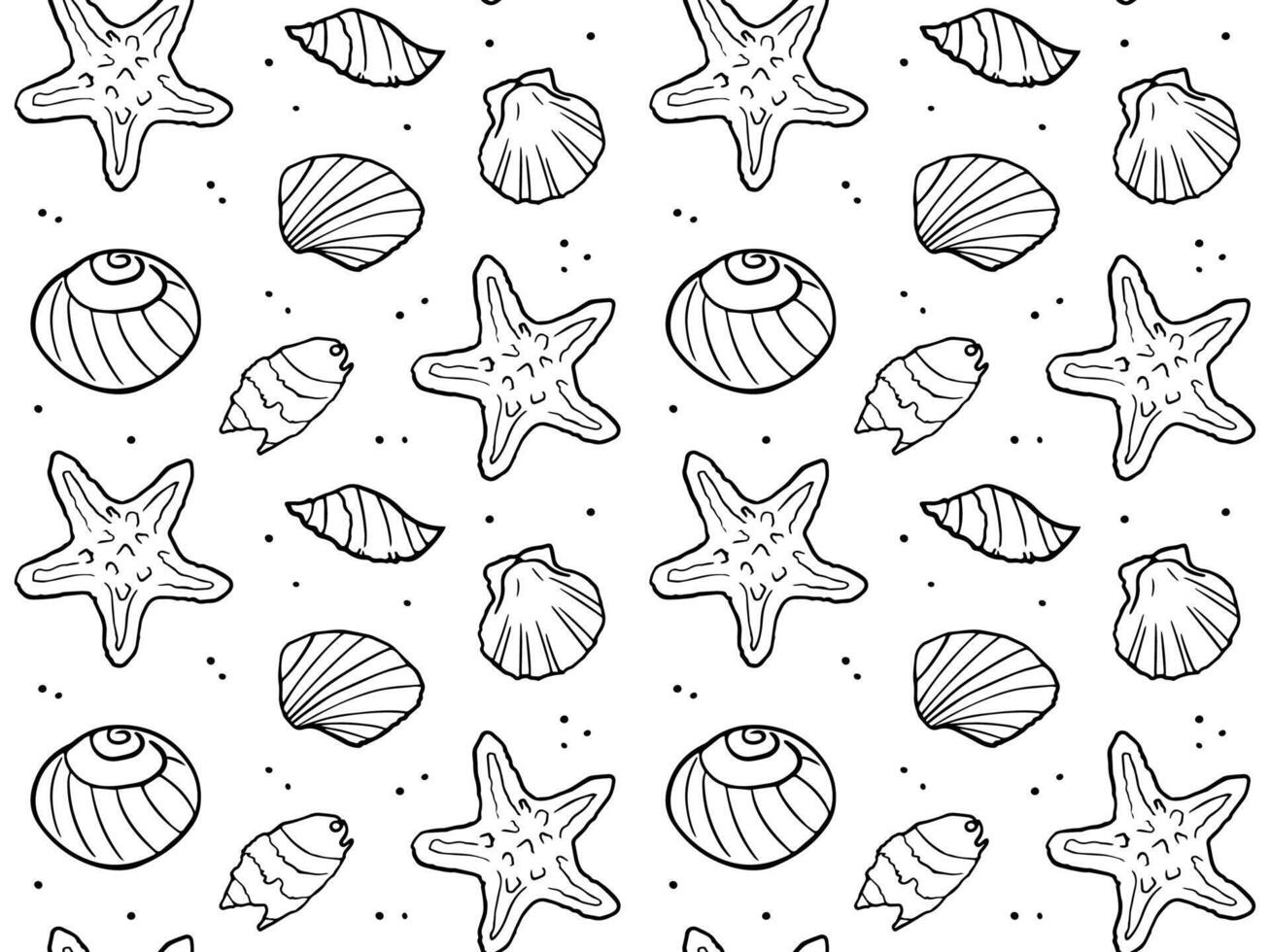 Doodle seashell seamless pattern. background of tropical sea and ocean elements, shells, starfish. Doodles of marine life. vector
