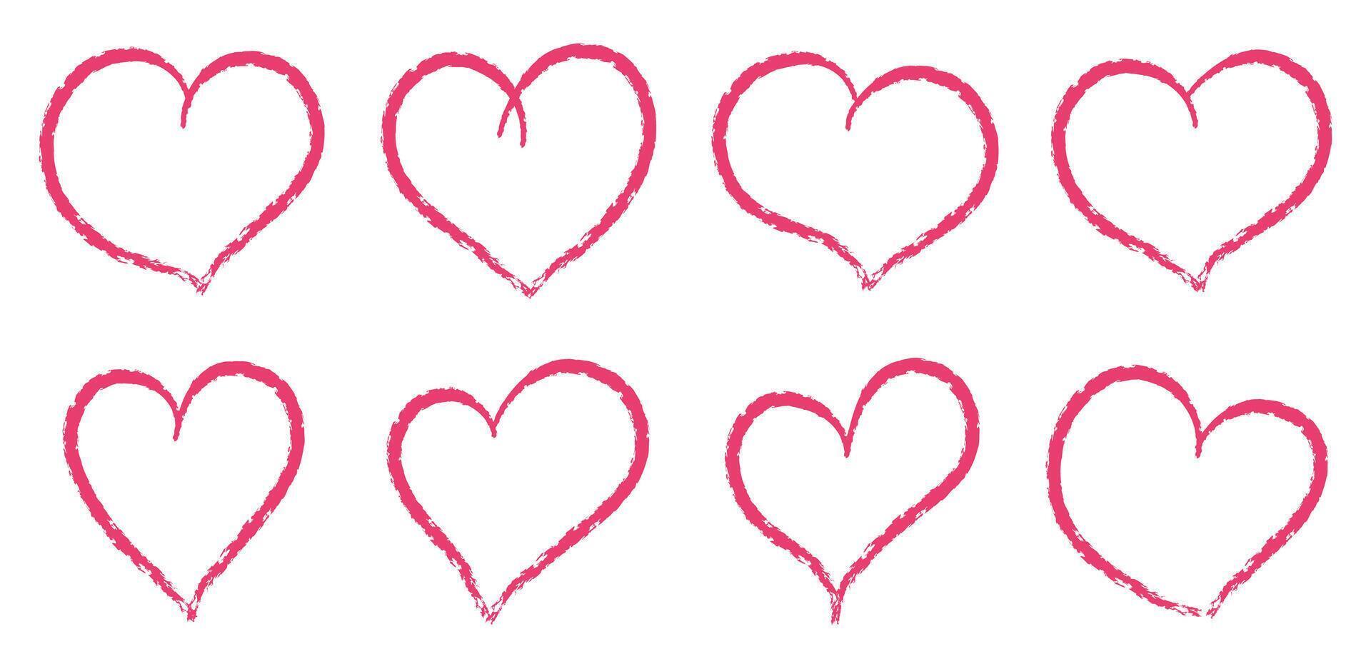 Red and pink crayon hearts painted with lipstick or pencil. Hand drawn chalk symbol of love. Illustration vector