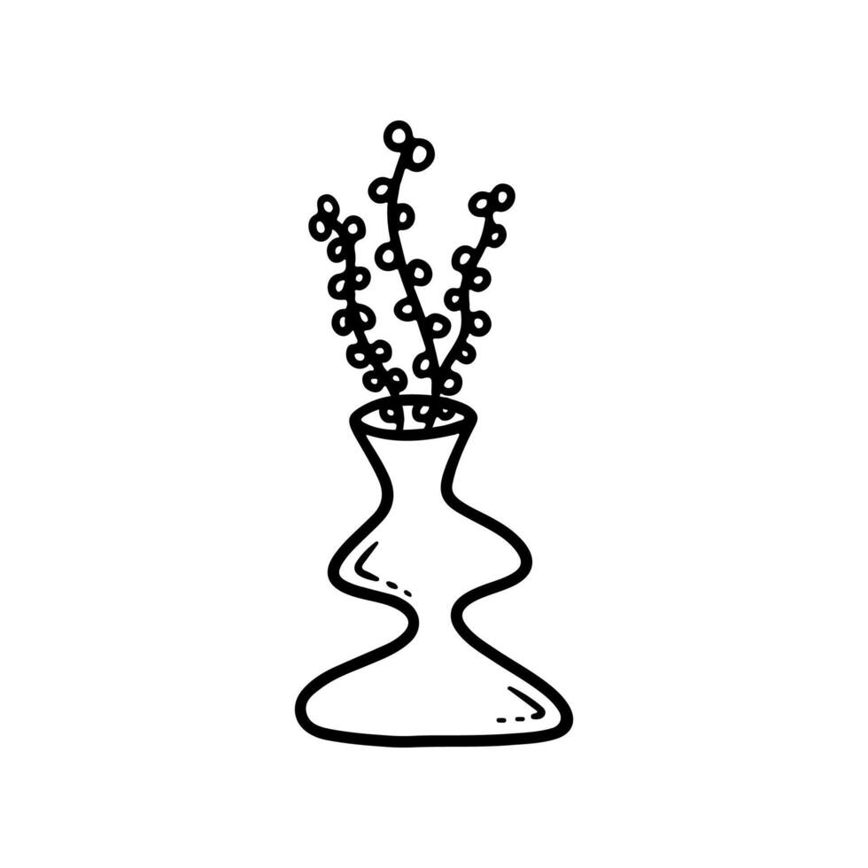 Flower in vase doodle illustration with floral bouquet. Hand drawn cute line art plants in interior. Thin linear drawing for coloring vector