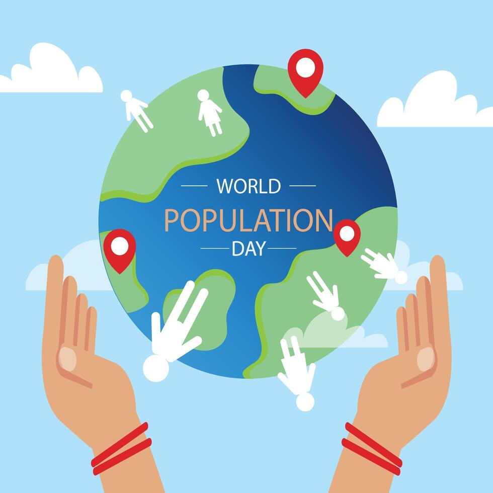 plano mundo población día antecedentes con manos rodeando planeta vector