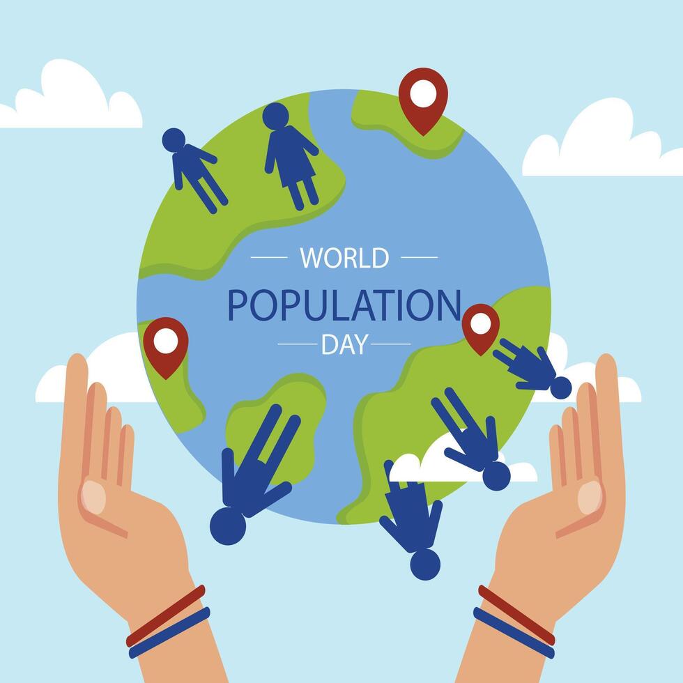 plano mundo población día antecedentes con manos rodeando planeta vector