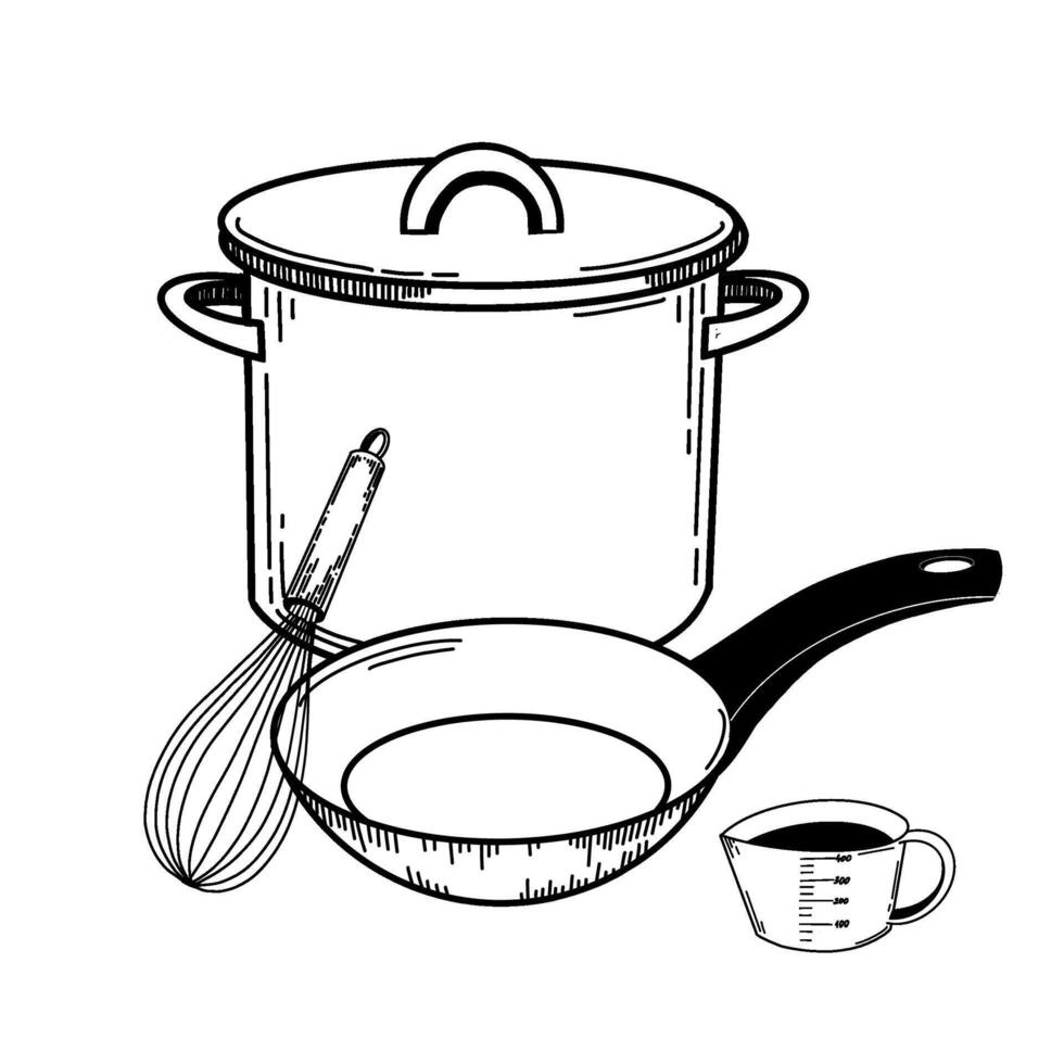 Composition on a kitchen theme. A saucepan, a frying pan with a black handle, a measuring cup, a whisk. Objects are drawn in black in . For the kitchen, stove, design, dishes, textiles vector