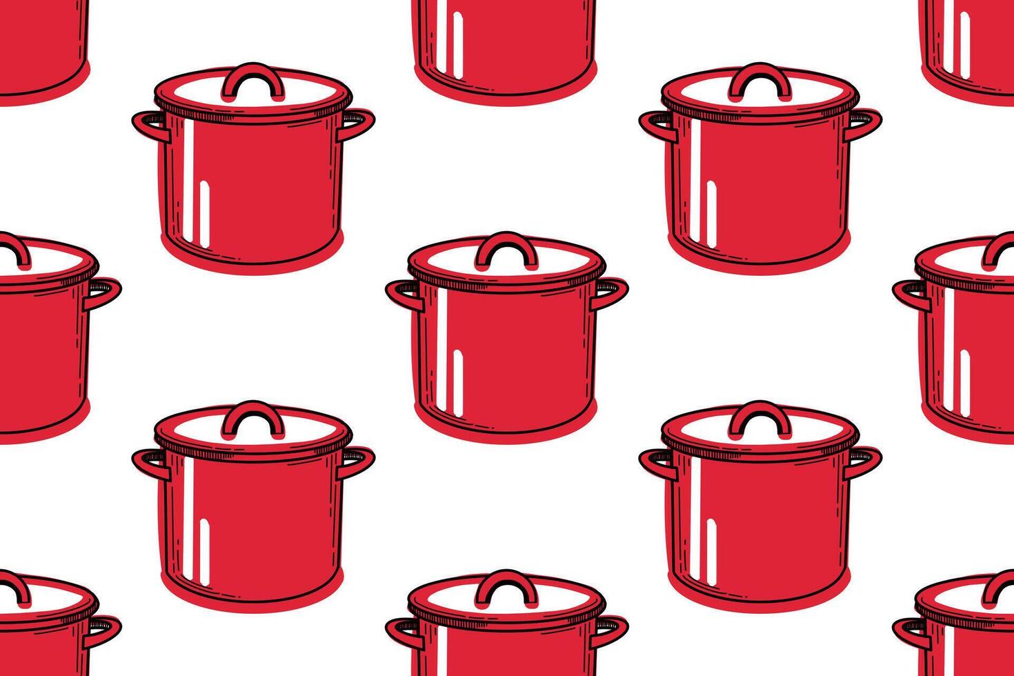 Seamless pattern with kitchen utensils. Red saucepan on a white background. All objects are hand-drawn in in red and black. For printing on fabric, paper, tableware and textile design vector