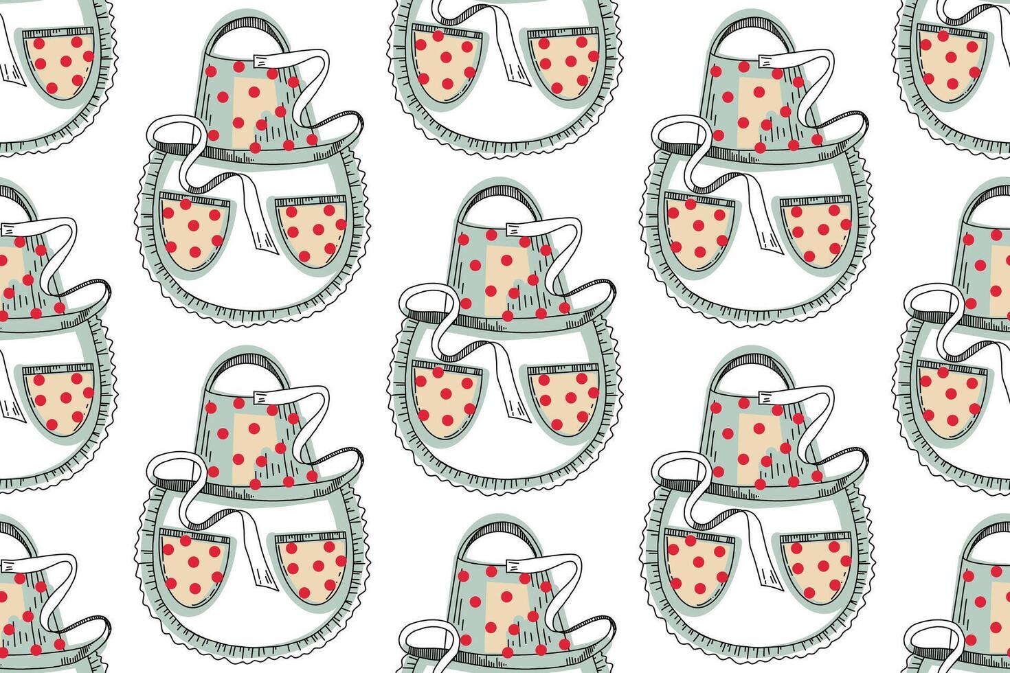 Seamless pattern with kitchen utensils. Cooking apron with lace and red polka dot pockets. All objects are hand-drawn in in blue, red and black. For fabric, paper, kitchen design vector