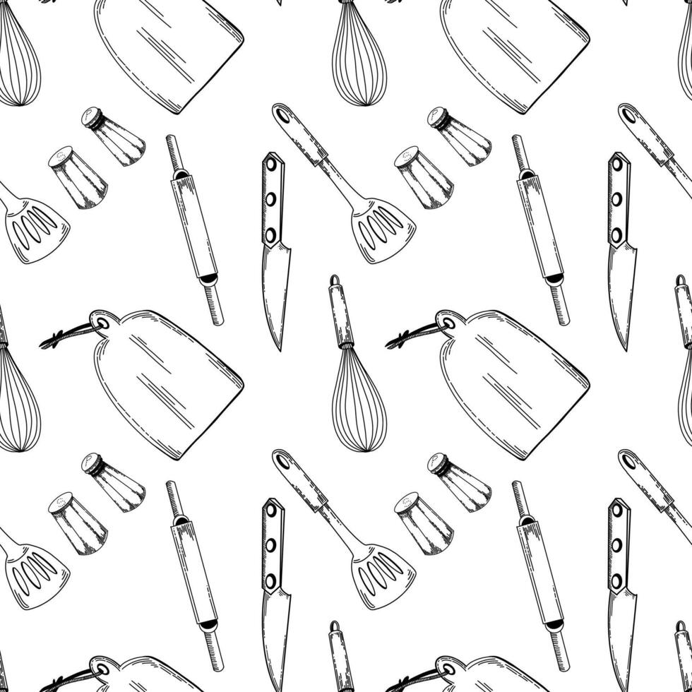 Kitchen pattern. Kitchen utensils. knife, cutting board, rolling pin for dough, salt and pepper shaker, spatula for cooking. Objects are drawn in black in . For kitchen, stove, design vector