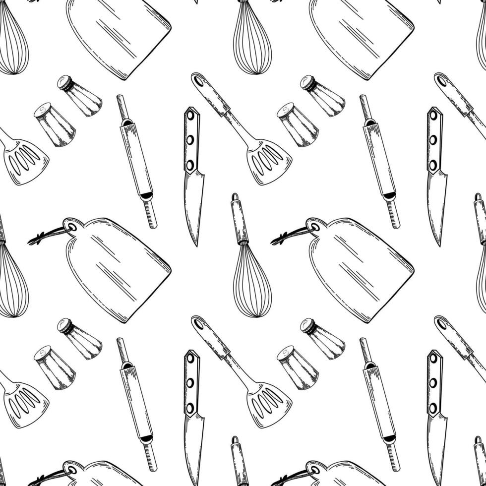 Kitchen pattern. Kitchen utensils. knife, cutting board, rolling pin for dough, salt and pepper shaker, spatula for cooking. Objects are drawn in black in . For kitchen, stove, design vector