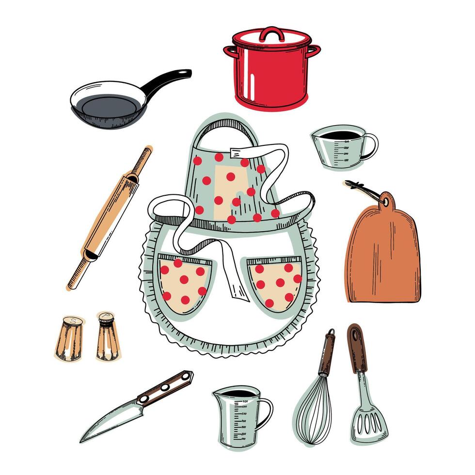 Set of illustrations of a red saucepan, a frying pan with a black handle, a polka dot apron, a measuring cup, a whisk, a knife, a cutting board, a salt shaker, a pepper mill, a rolling pin for dough vector