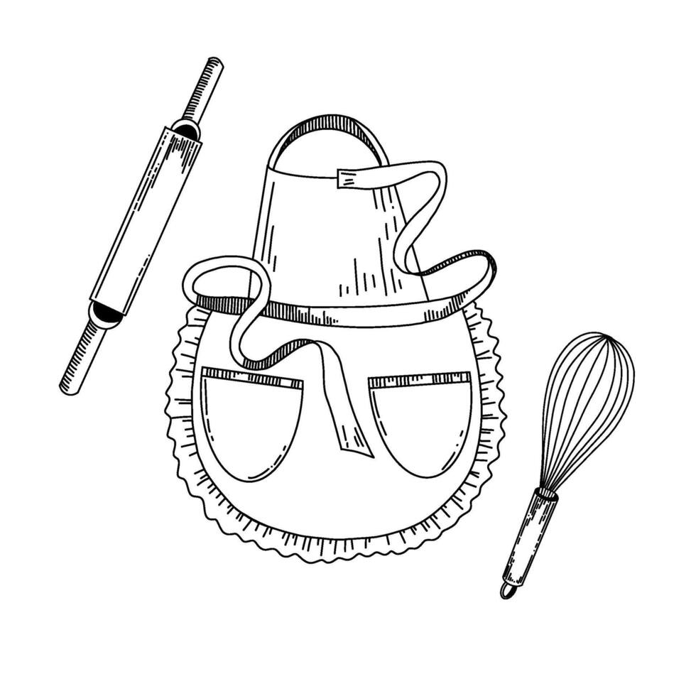 ilustración. un delantal para cocinando, un laminación alfiler para masa, un batidor para flagelación crema y masa. todas objetos son dibujado en por mano. para impresión en tela, papel, toallas, platos vector