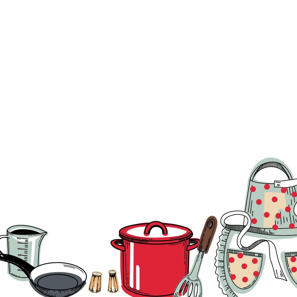 Kitchen composition with utensils. red saucepan, frying pan, polka dot apron, whisk, knife, salt shaker, pepper mill, cooking spatula, whisk. illustration. For kitchen, stove, design vector