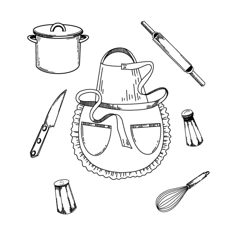 Illustration for the kitchen. Cooking apron, knife, rolling pin for dough, salt and pepper shaker, whisk for whipping. Objects are drawn in black in . For the kitchen, stove, design, dishes vector