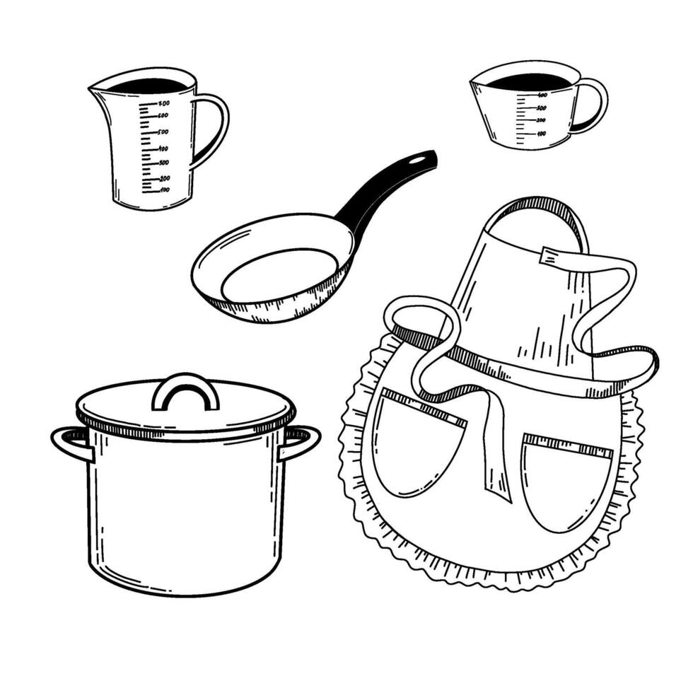 un conjunto de ilustraciones en el tema de cocina. un cacerola, un delantal con cordón, un fritura pan y un medición taza dibujado en con un negro describir. adecuado para cocina diseño, textiles, papel vector