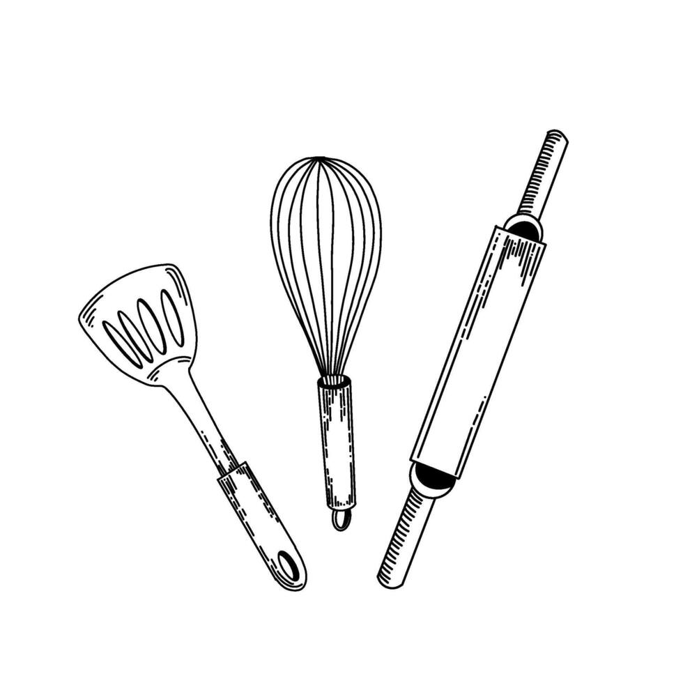 Kitchenware. Rolling pin for rolling out dough, whisk for whipping, spatula for cooking. All objects are drawn in in black. Suitable for printing on fabric, paper, towels, dishes vector