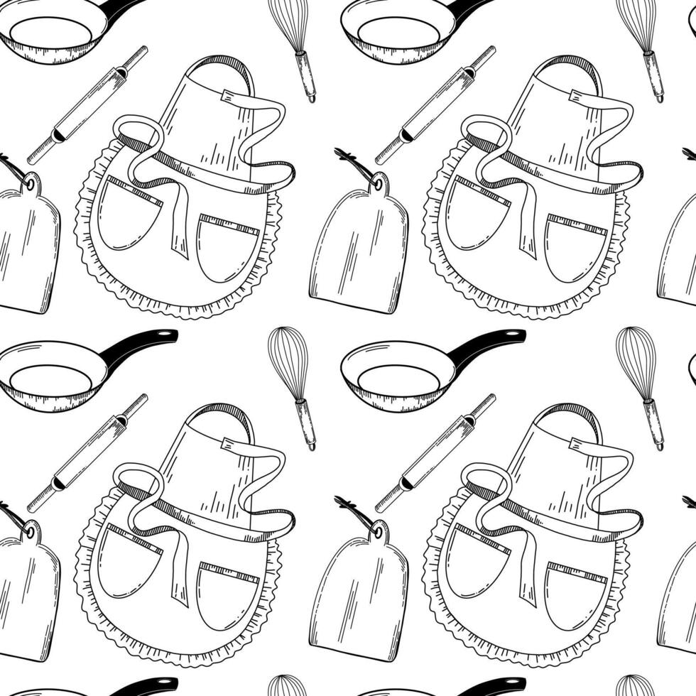 Kitchen pattern. An apron, a frying pan with a black handle, a rolling pin for dough, a whisk for whipping, a cutting board. Objects are drawn in black in . For kitchen, stove, design vector